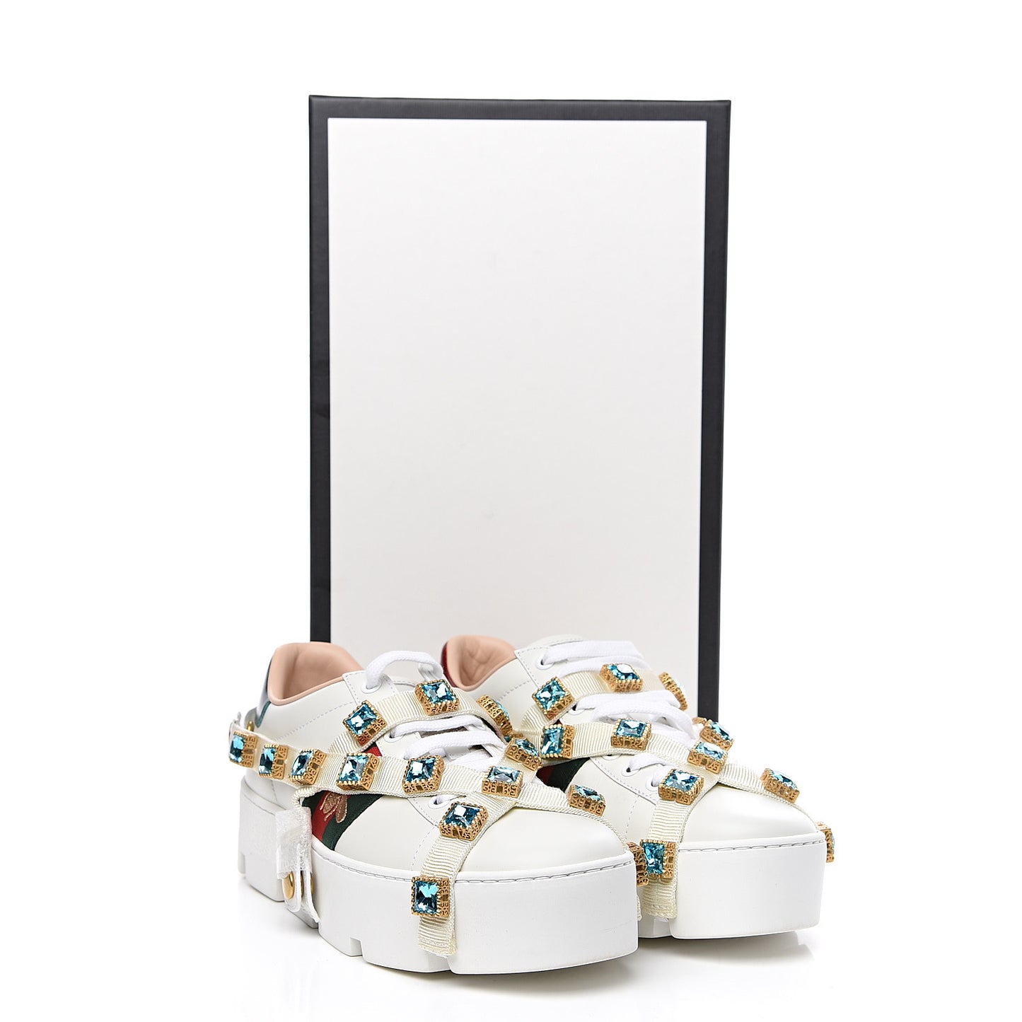 Calfskin Removable Crystals Bee Embroidered Womens Ace Platform Sneakers 37 White