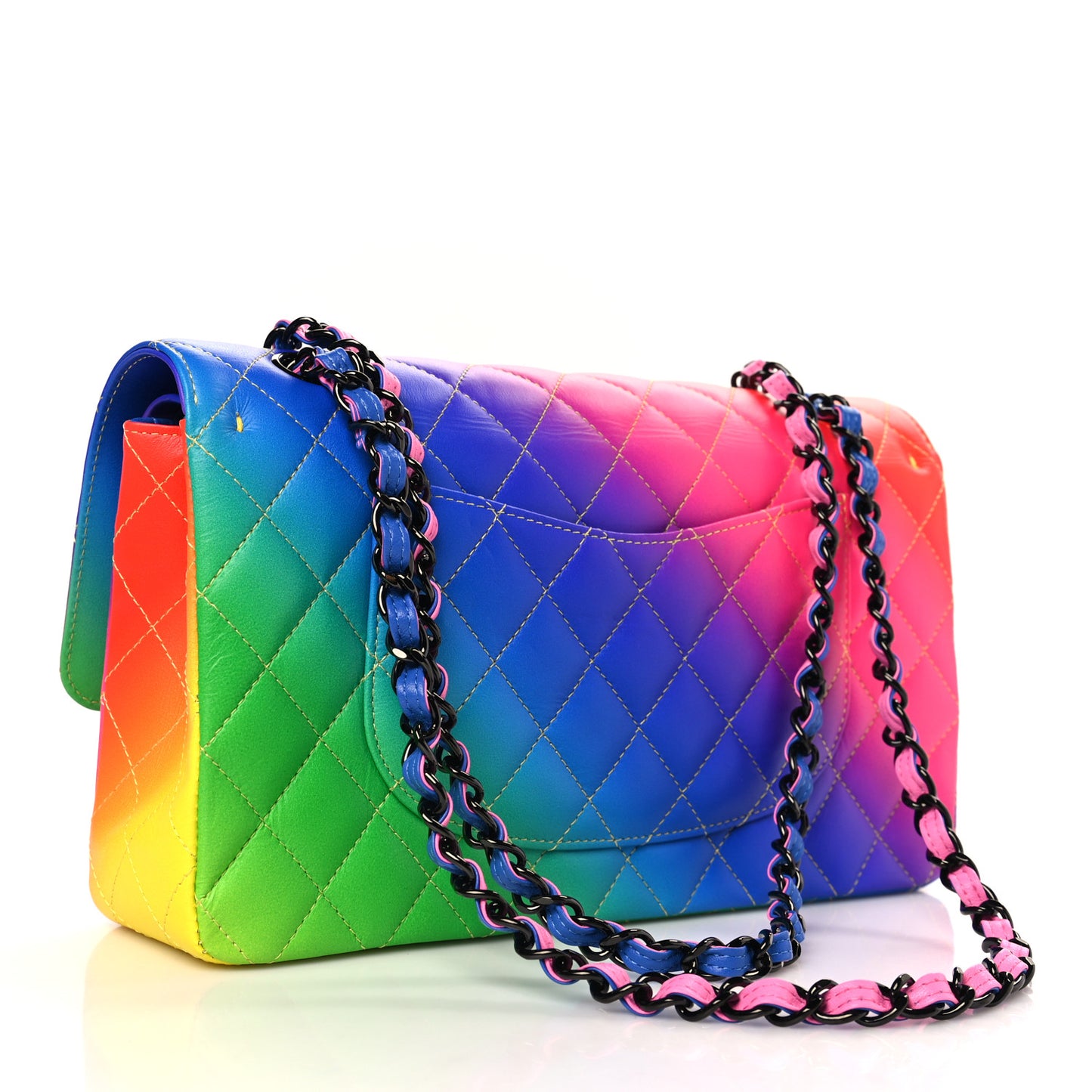 Calfskin Quilted Medium Rainbow Double Flap Multicolor