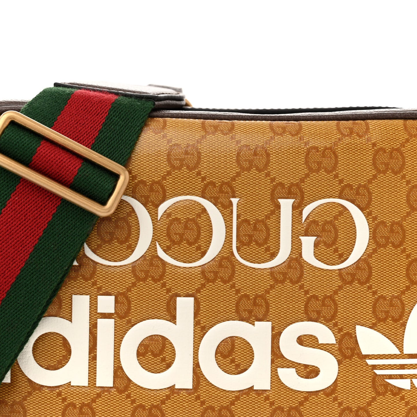 X ADIDAS Crystal Vintage Monogram Textured Dollar Calfskin Web Trefoil Logo Small Messenger Bag Mid Natural Nut Off White New Acero