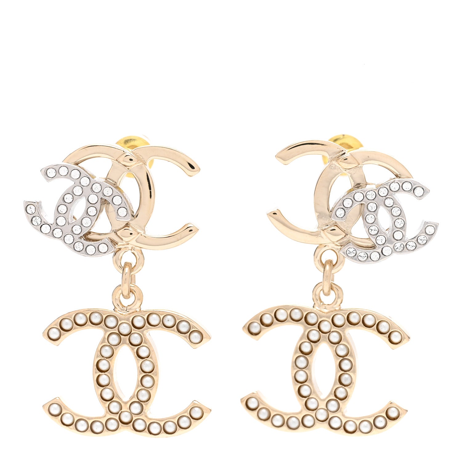 Chanel Crystal Pearl Double CC Drop Earrings Gold Silver 1 of 4