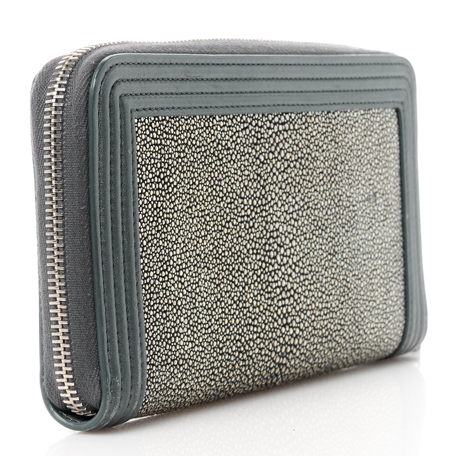 Chanel Metallic Galuchat Stingray Lambskin Boy Gusset Zip Wallet Dark Silver 3 of 11