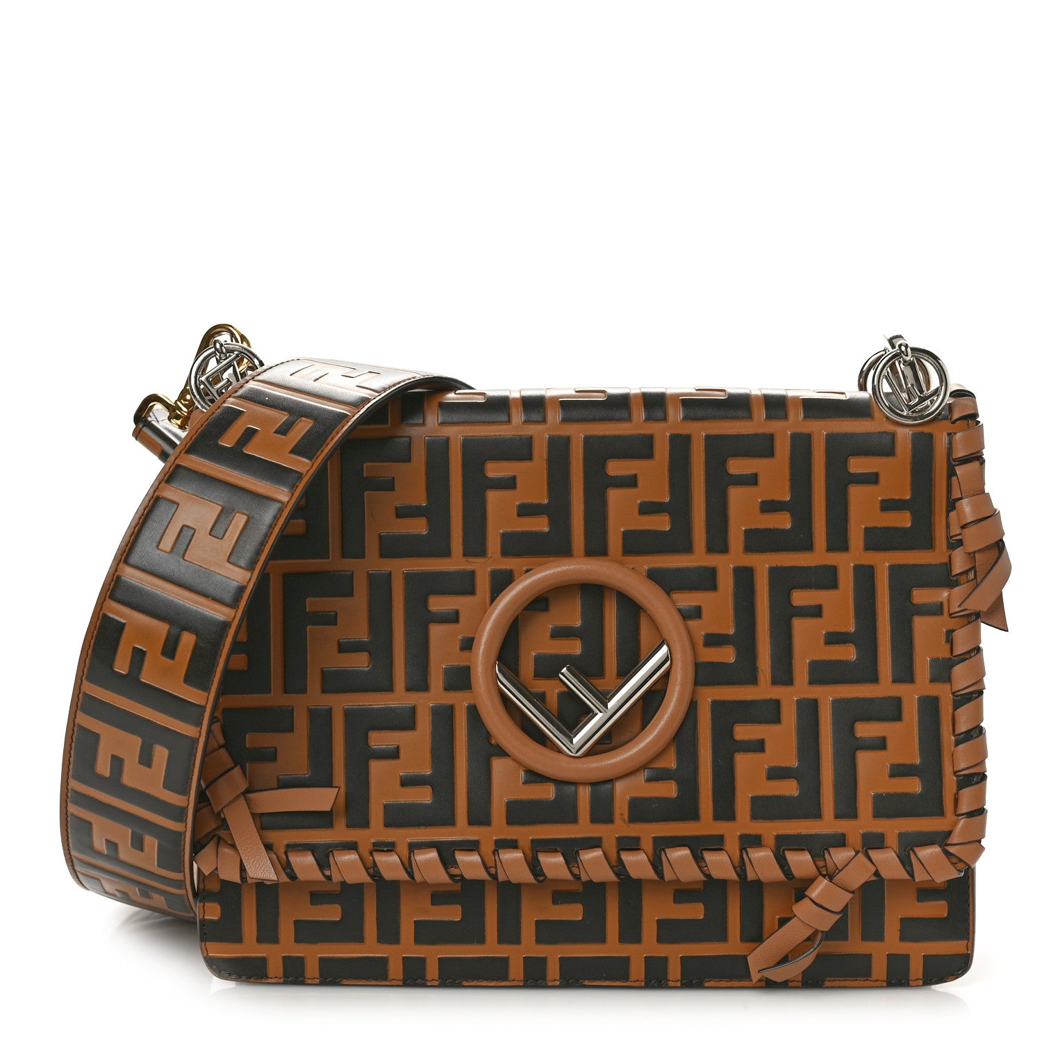 Fendi Vitello Century F is Fendi Whipstitch Threads FF Embossed Kan I Shoulder Bag Tobacco Orzo 1 of 10