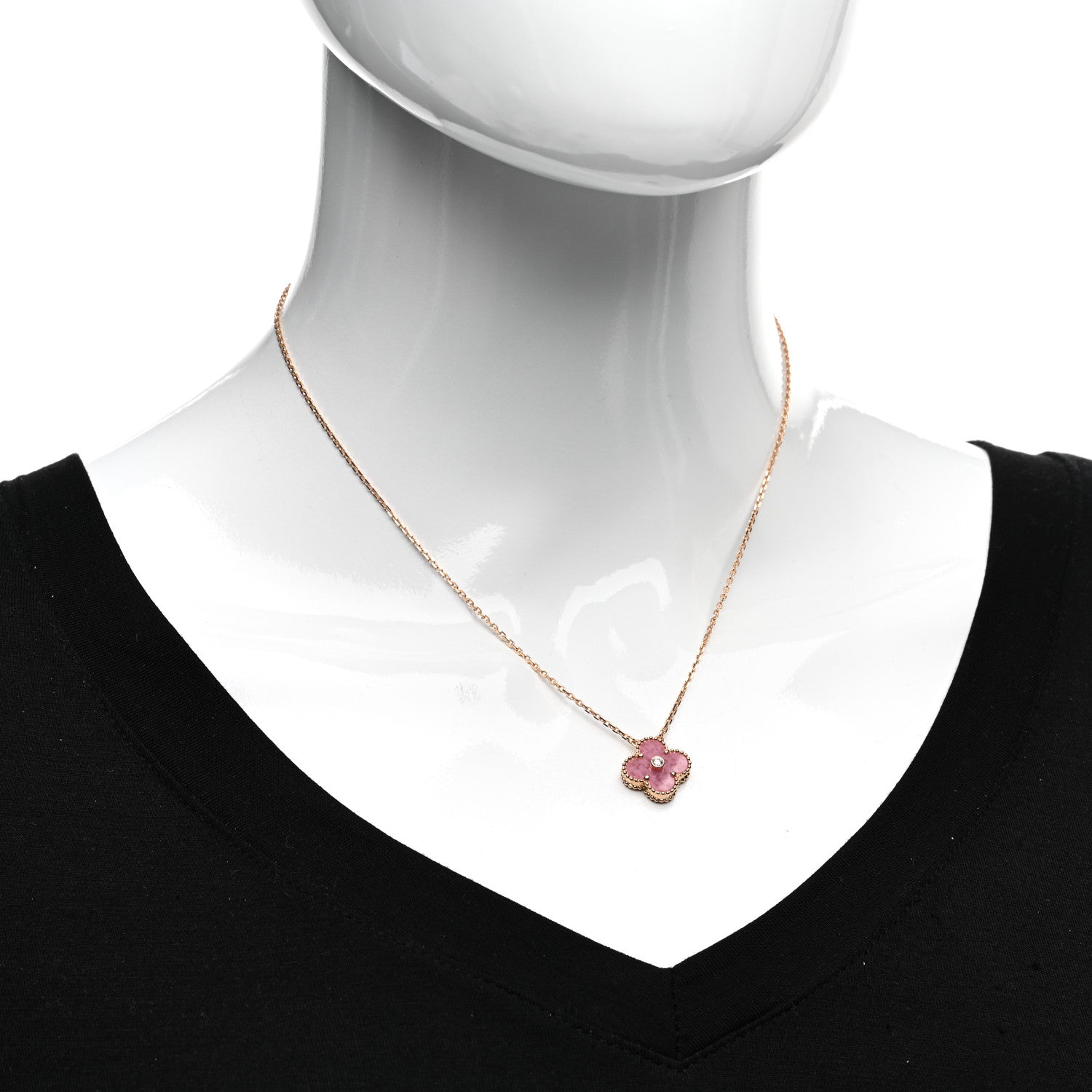 Van Cleef & Arpels 18K Rose Gold Diamond Rhodonite Vintage Alhambra Pendant Necklace 2 of 5