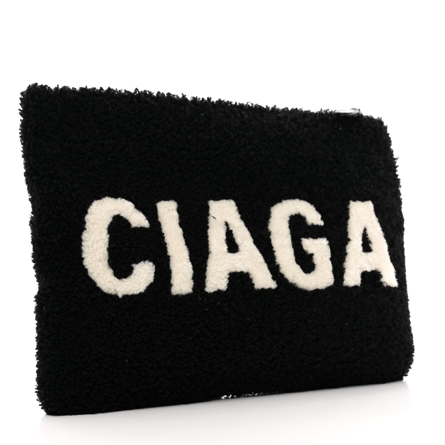 Sheepskin Shearling Contrasted Logo Large Zip Pouch Black