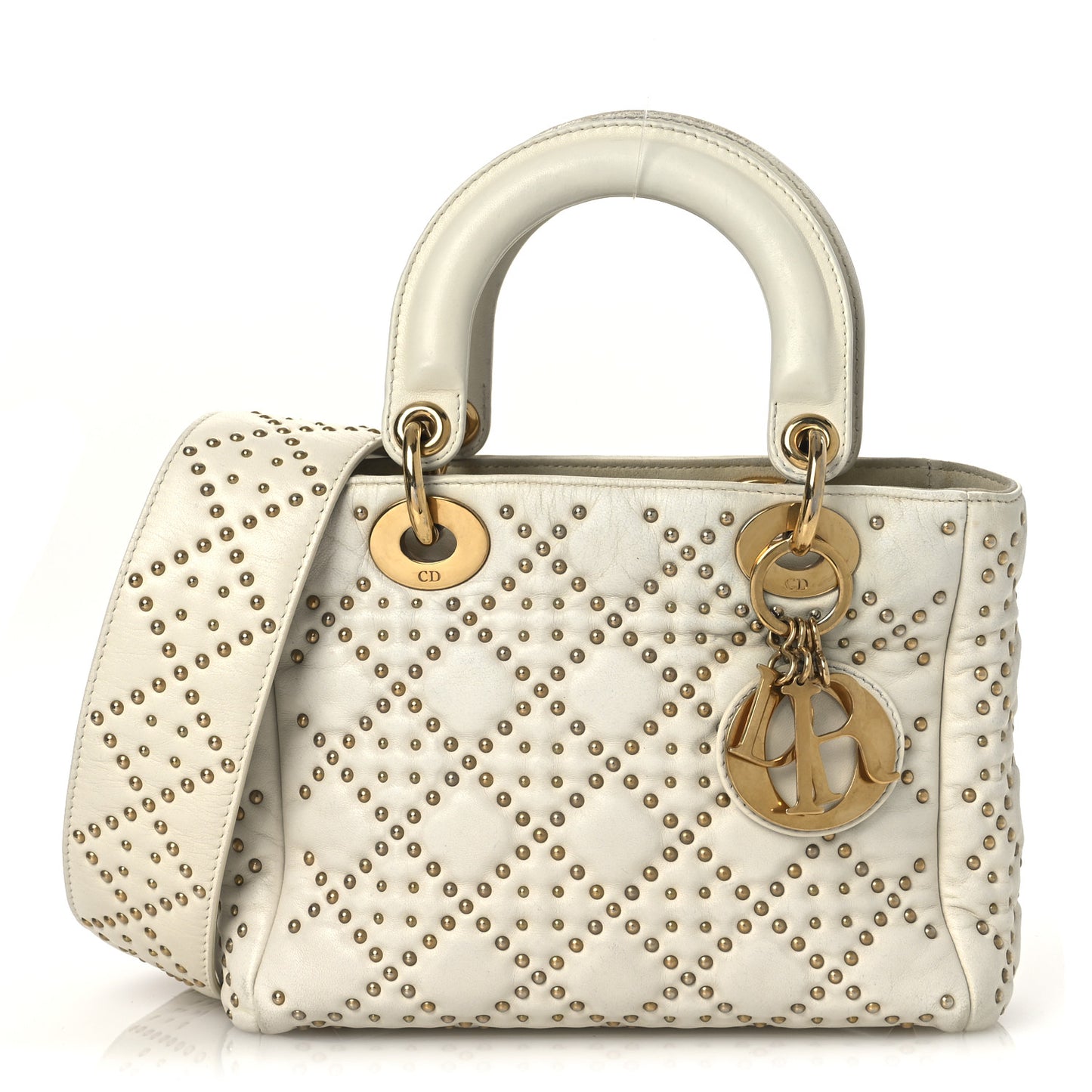 Calfskin Cannage Studded Small Supple Lady Dior White