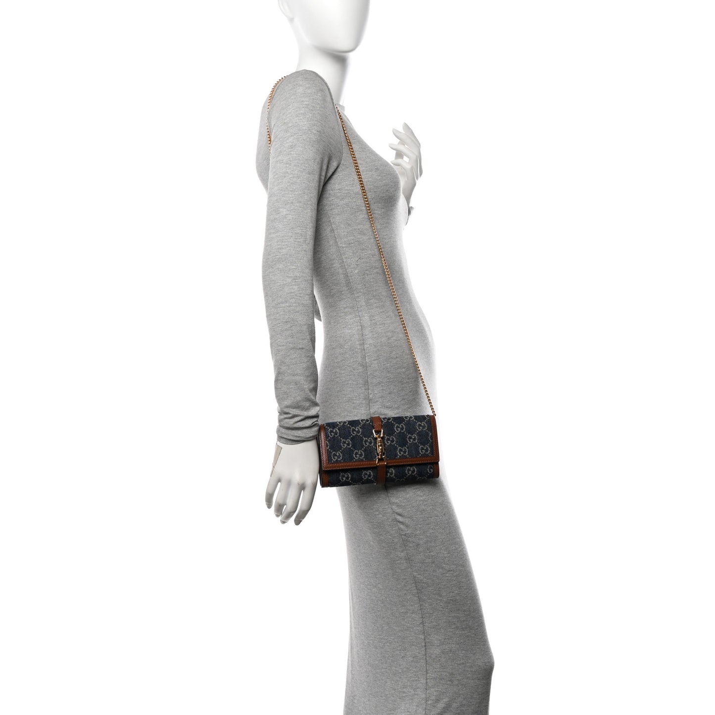 New Denim GG Monogram Jackie 1961 Chain Wallet Blue Tea Cuir