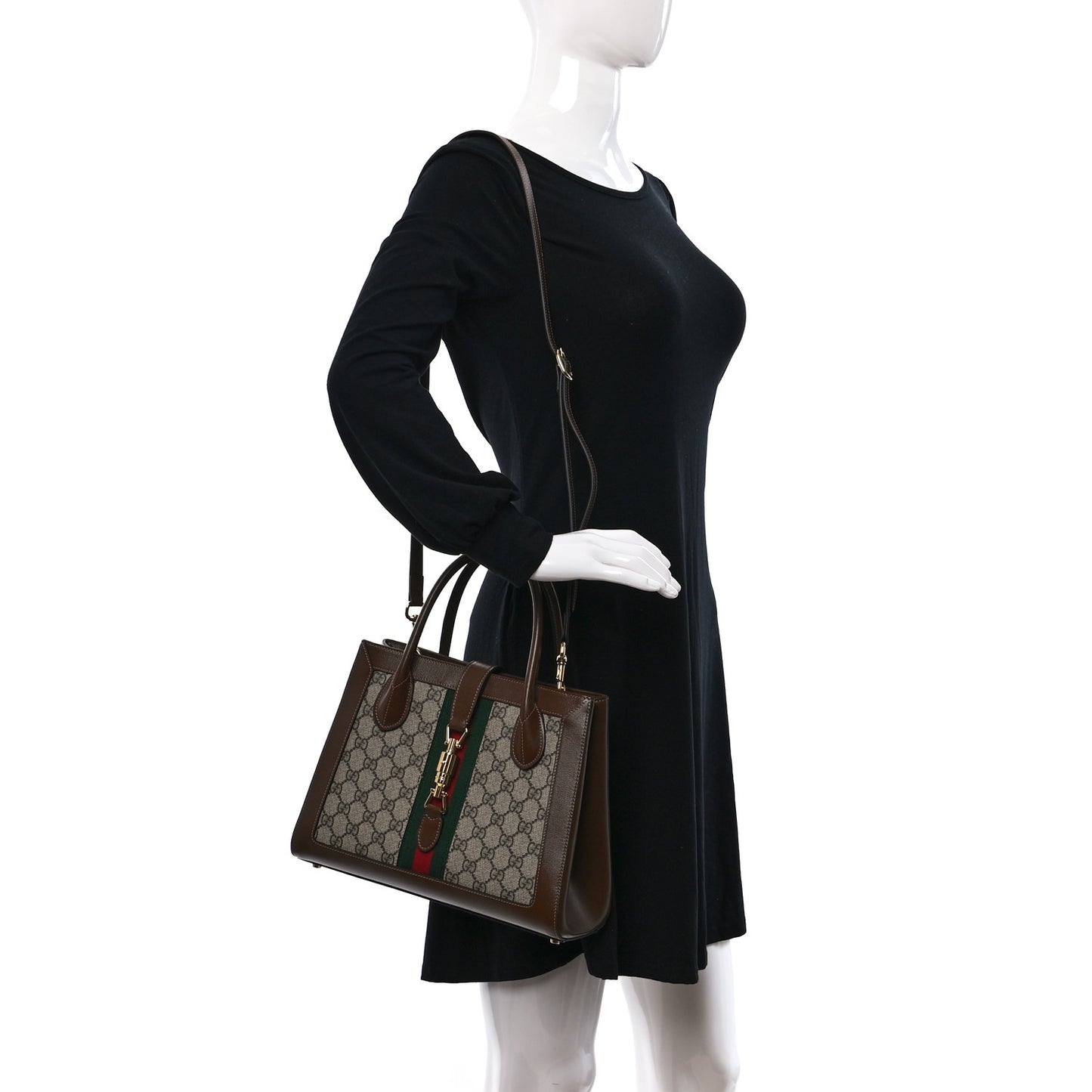 GG Supreme Monogram Azalea Calfskin Web Medium Jackie 1961 Tote Beige Ebony Brown Sugar