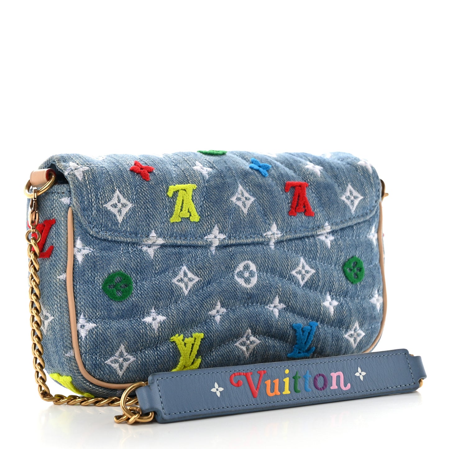 Embroidered Monogram Denim New Wave Chain Pochette Blue