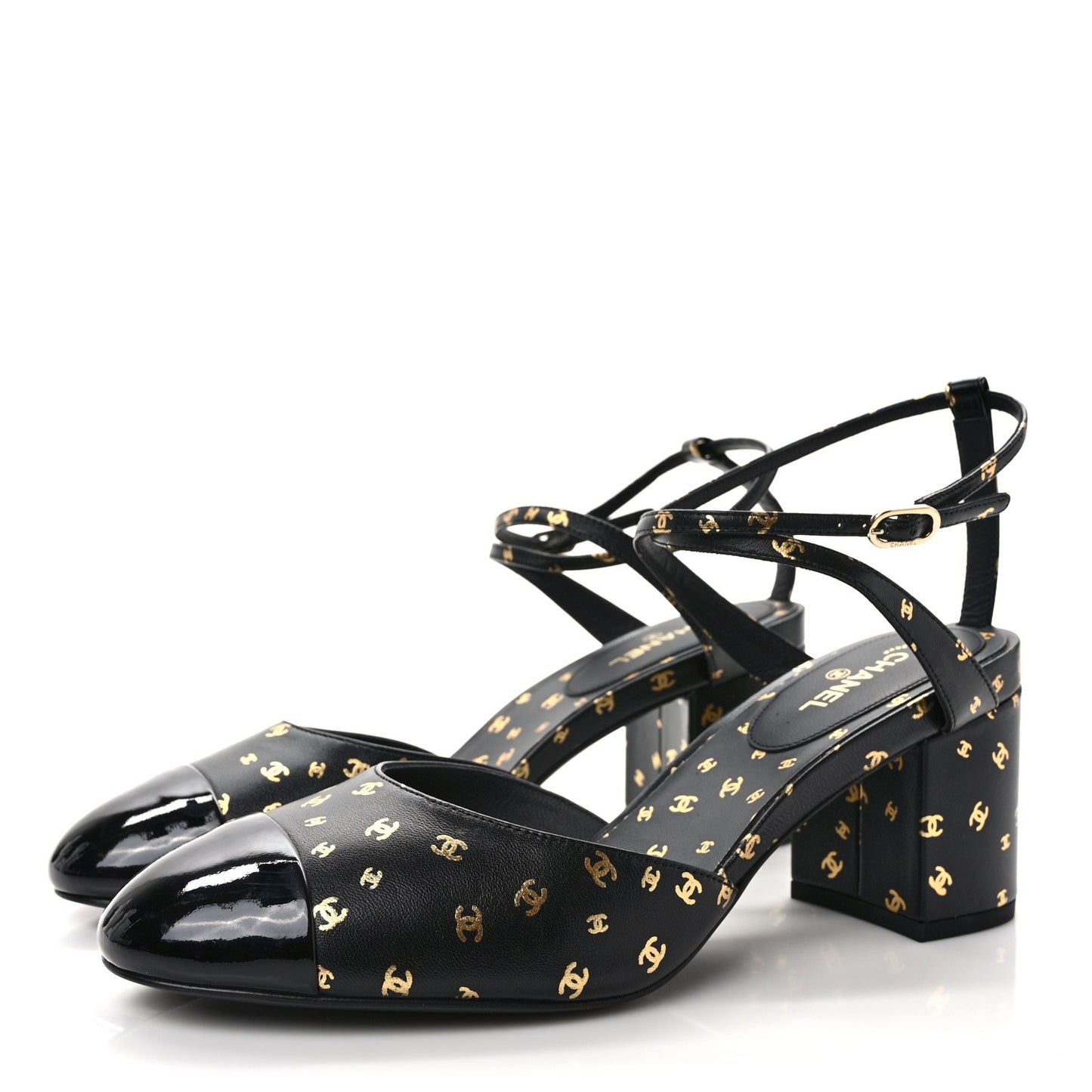 Printed Lambskin Patent Calfskin CC Slingbacks 41 Black Gold