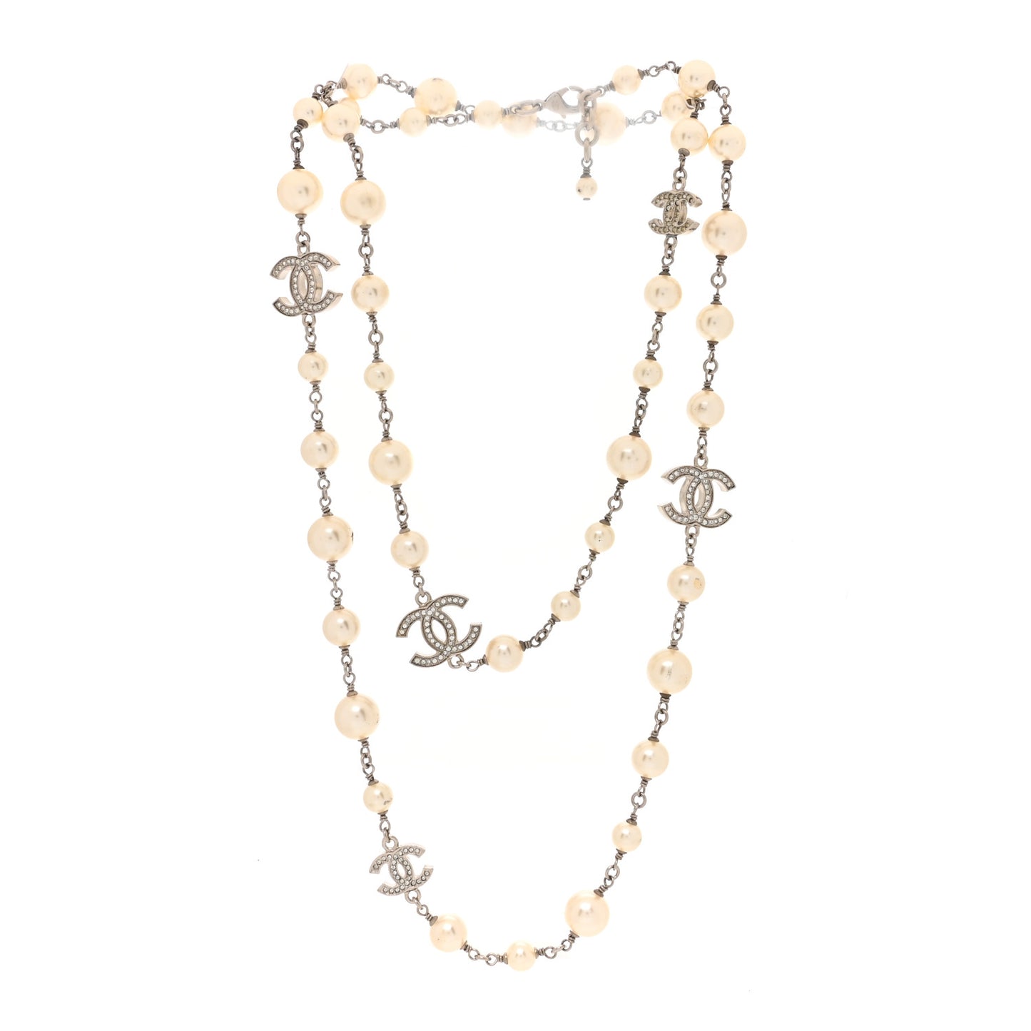 Crystal Pearl CC Long Necklace Silver