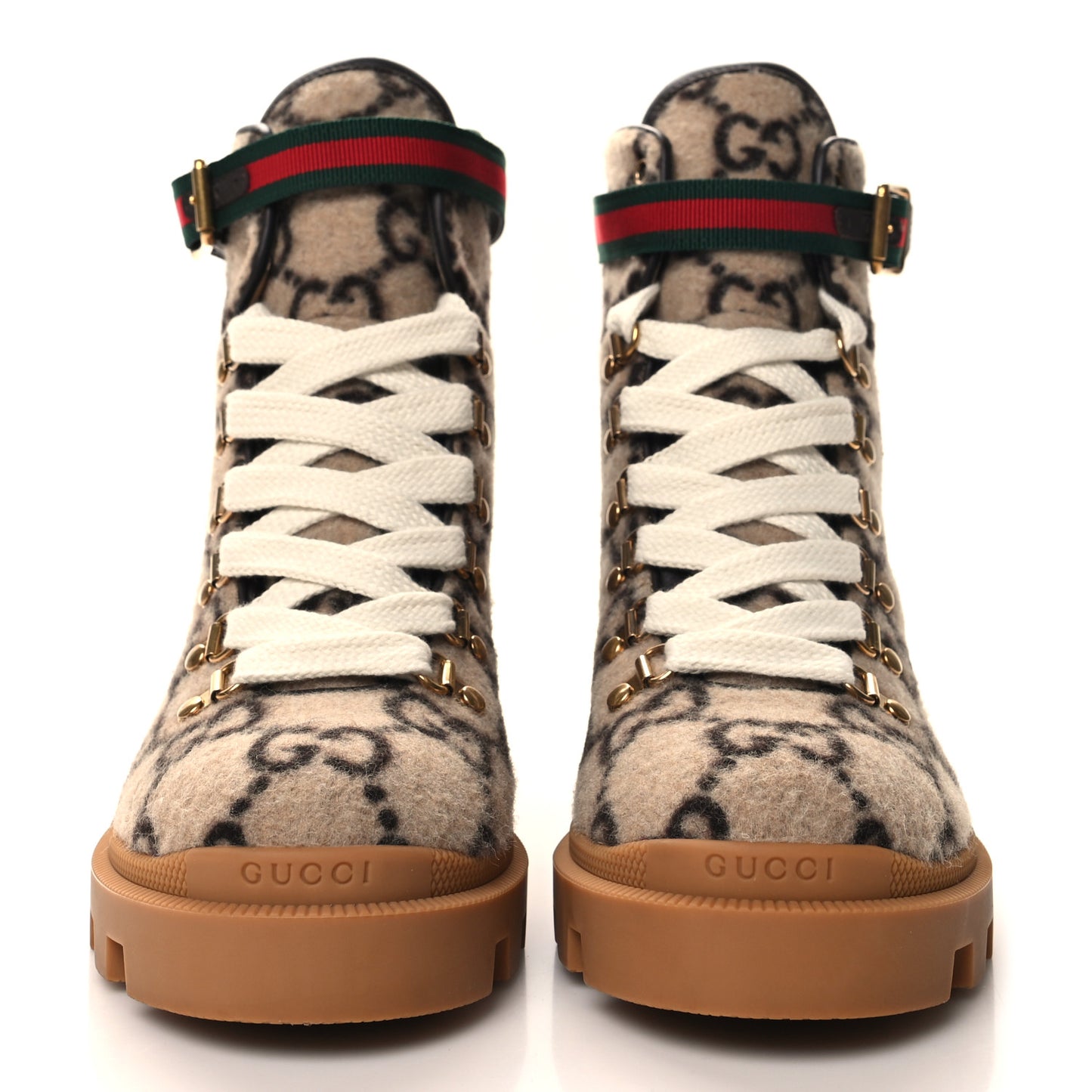 Covered Wool Big GG Monogram Womens Lace Up Combat Ankle Boots 39 Beige Ebony Cocoa