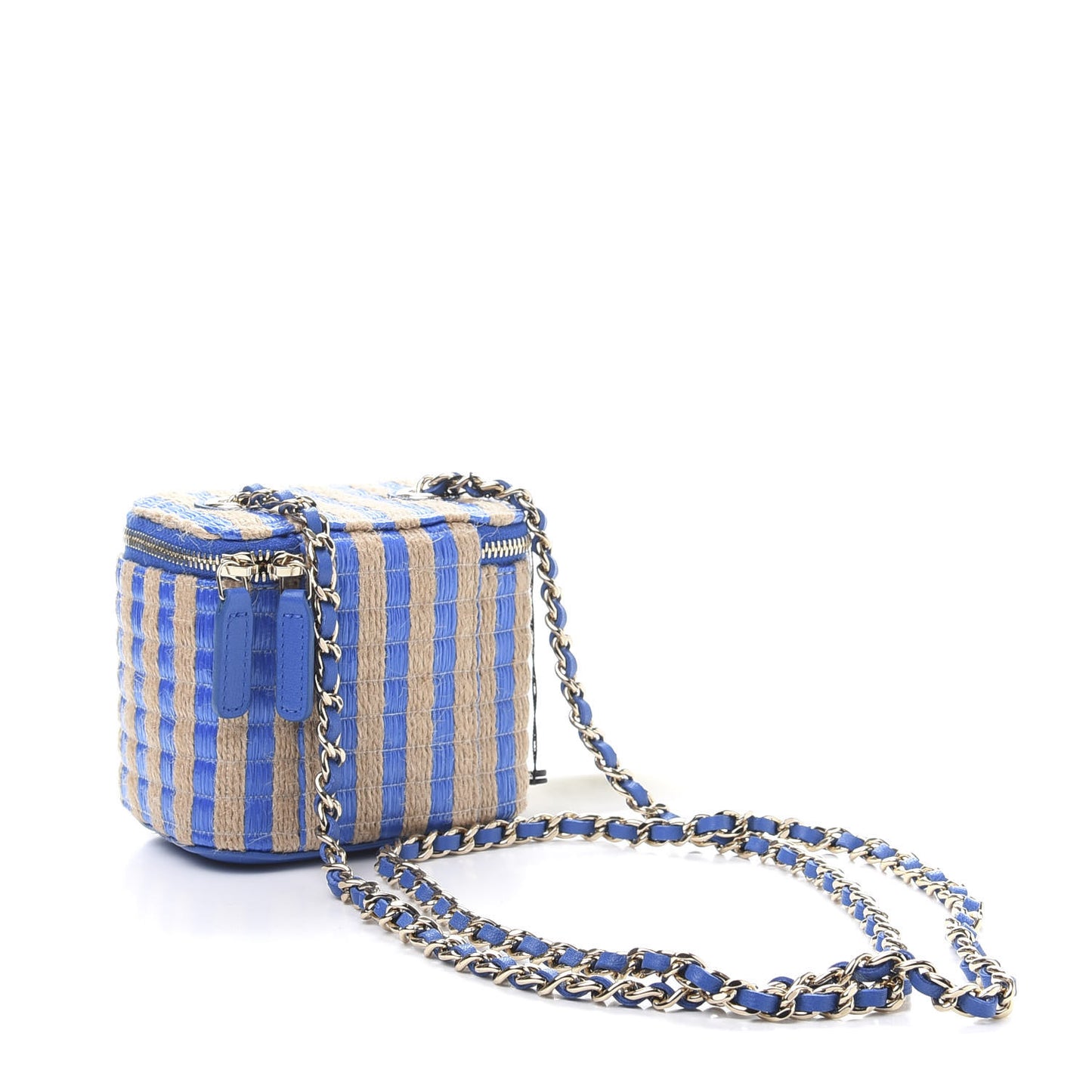 Raffia Jute Striped Mini Vanity Case With Chain Blue Beige