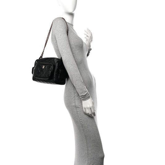 Shiny Crumpled Lambskin Quilted Medium Preppy Pocket Camera Case Black