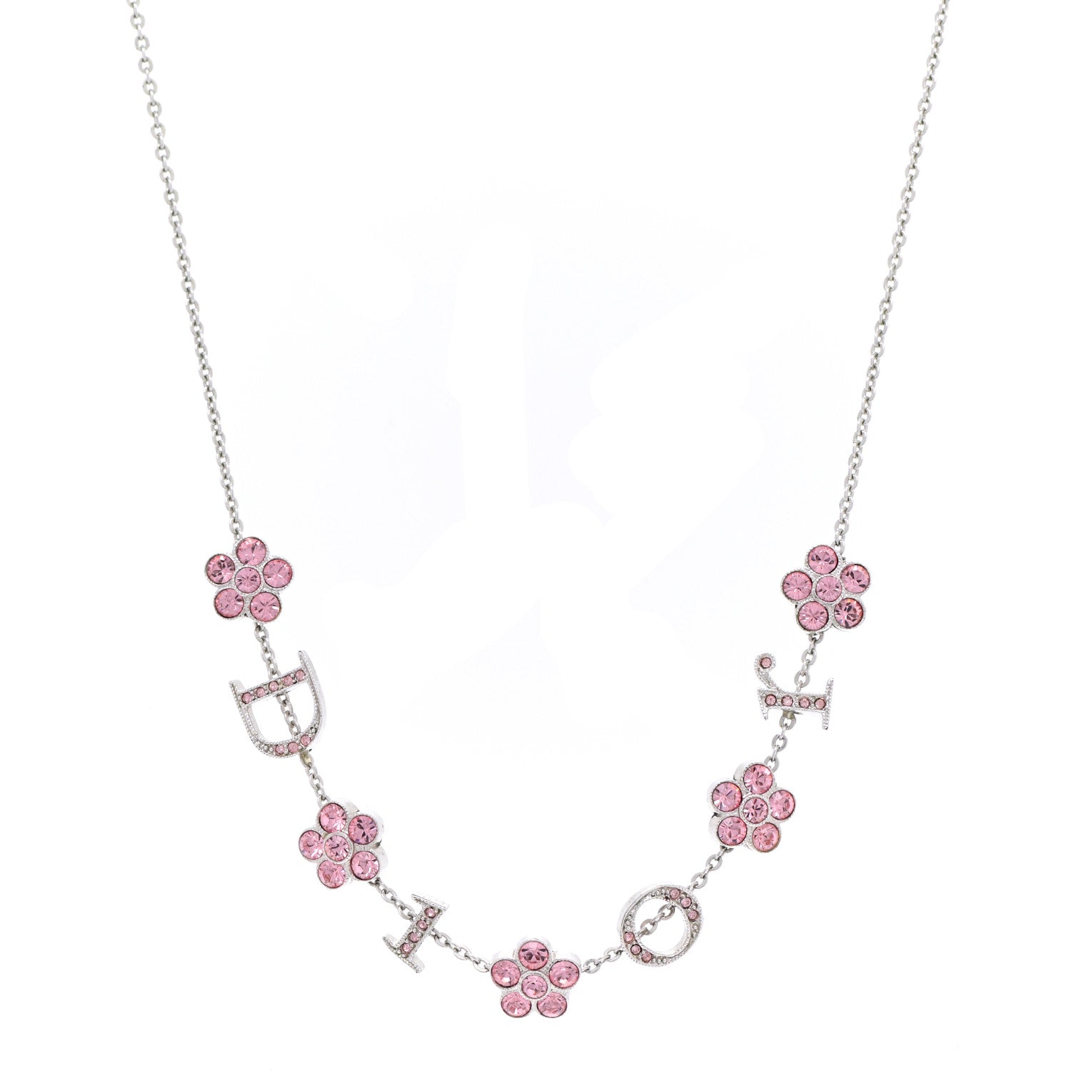 Christian Dior Crystal Flower Choker Necklace Silver Pink 1045575