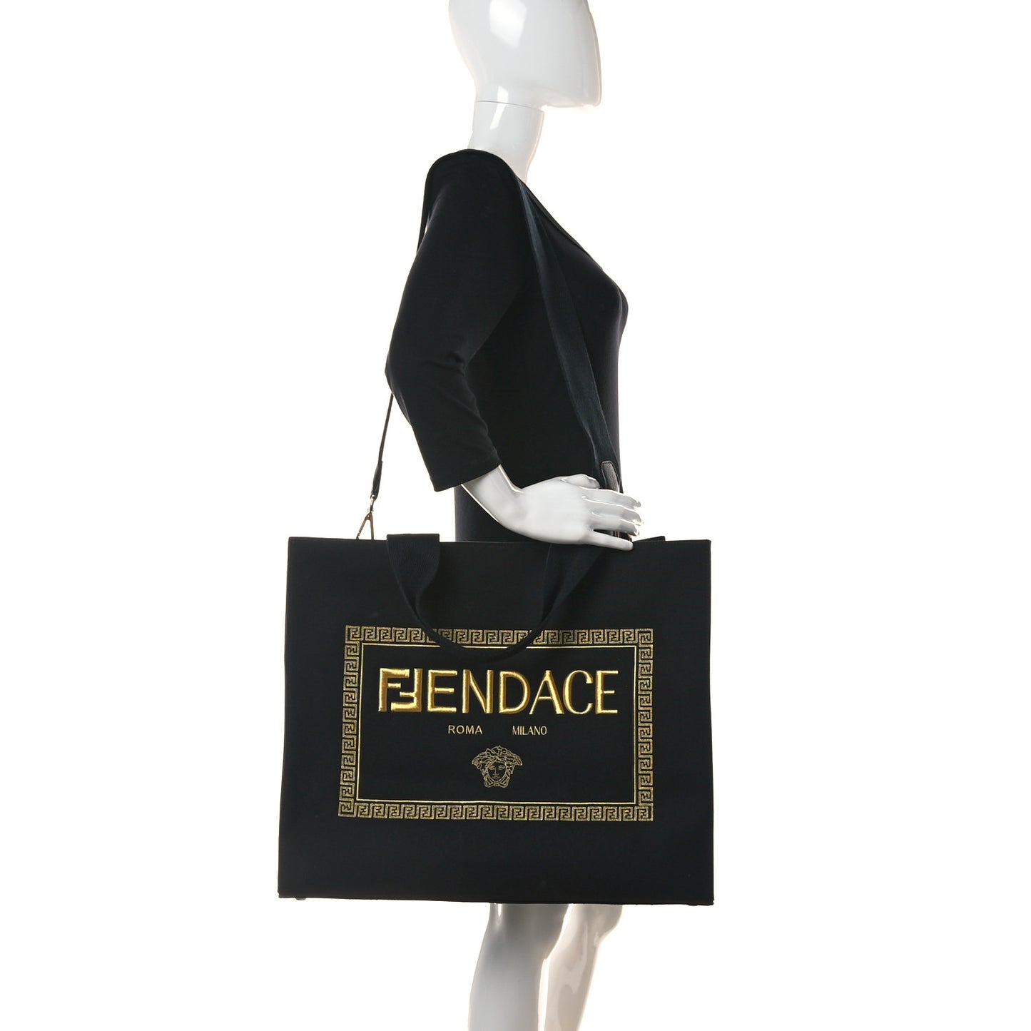 X VERSACE Canvas Fendace Logo Large Shopping Tote Black