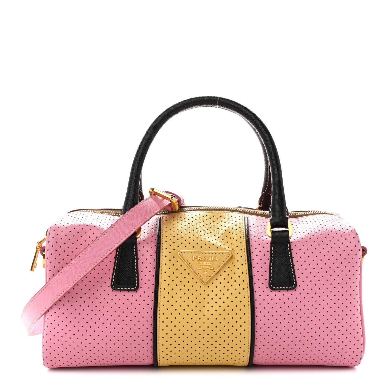 black leather backpack with pink white and burgundy stripes Prada Saffiano Perforated Striped Shoulder Bag Pink Yellow Black 1879791 – FASHIONPHILE