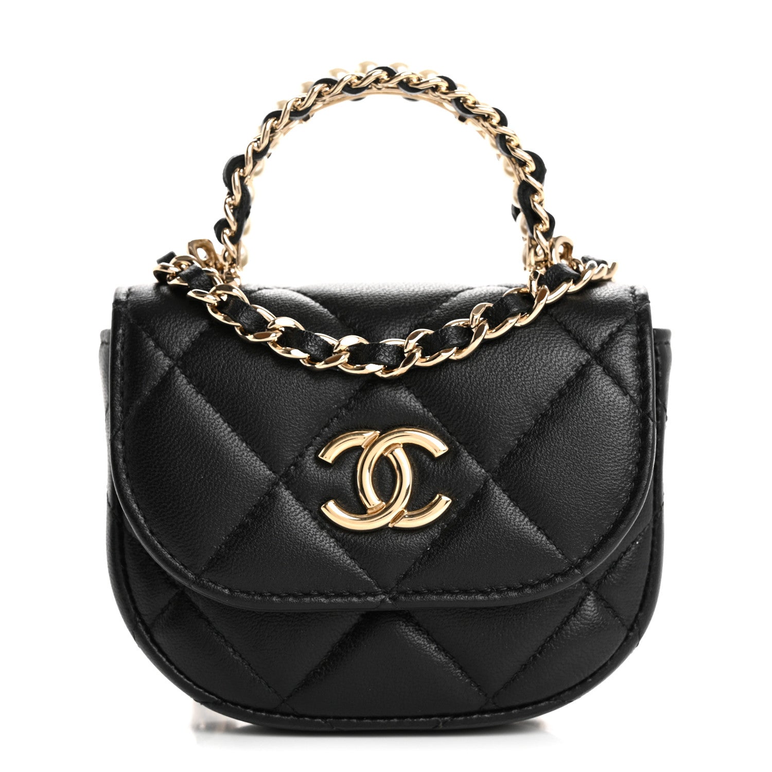 Chanel Lambskin Quilted Pearl Top Handle Clutch With Chain Black