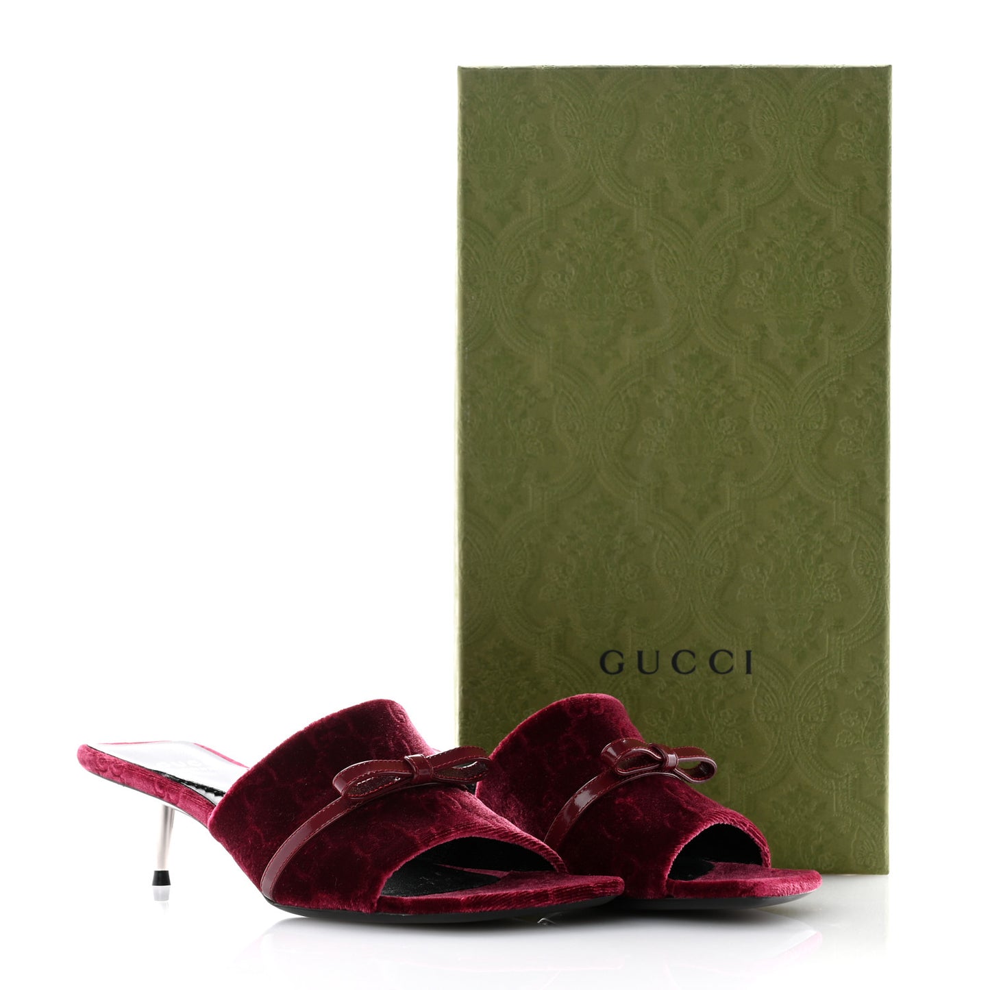 New Velvet Ashmir Regent Calfskin GG Monogram Square Toe Bow 45mm Slide Sandals 35.5 Red Grape