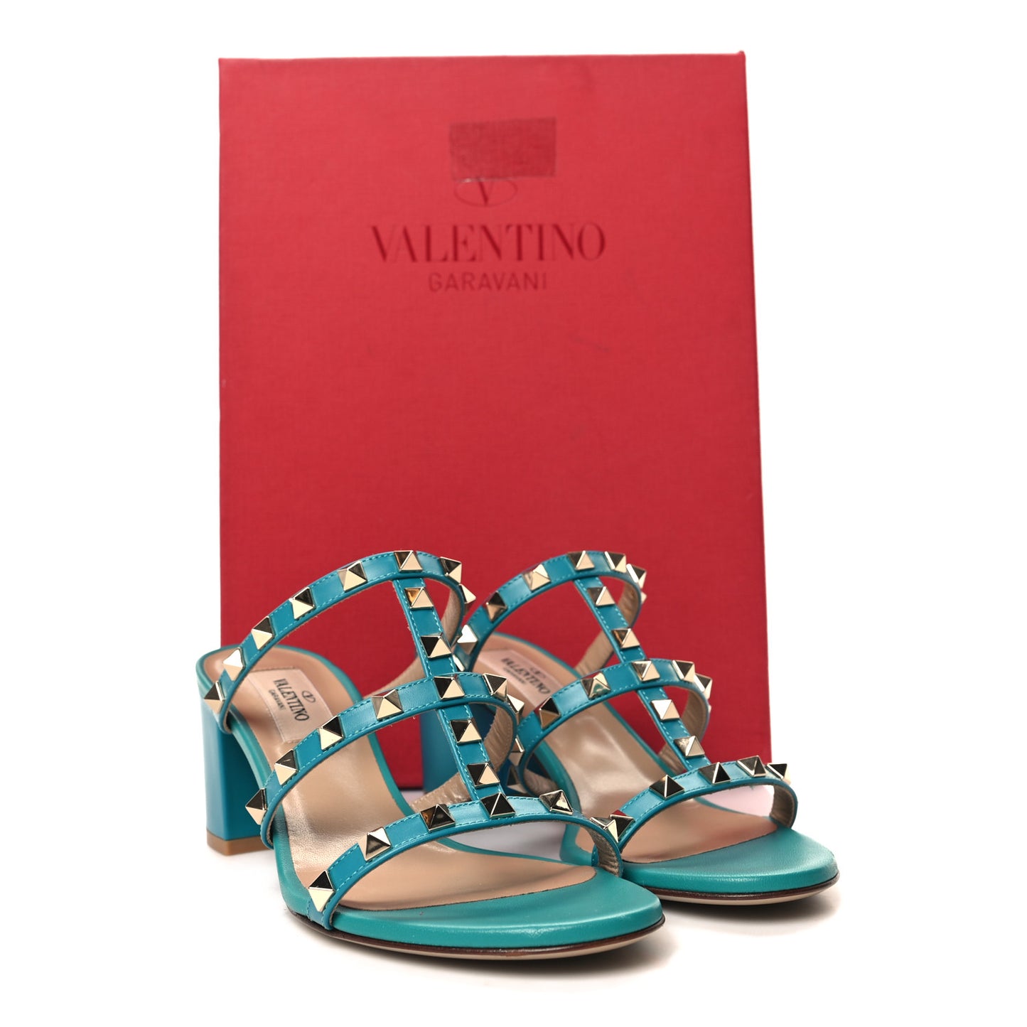 Calfskin Nappa Rockstud 60mm Caged Slide Sandals 36.5 Ultra Marine Green