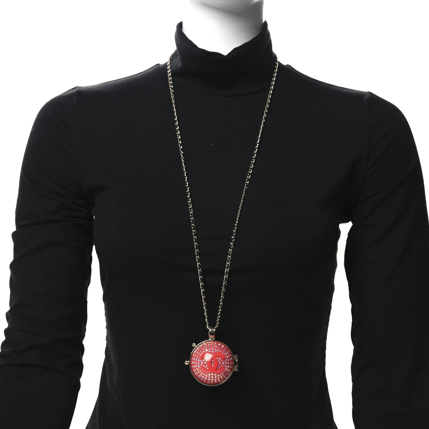 Metal Lambskin CC Crystal Locket Necklace Red