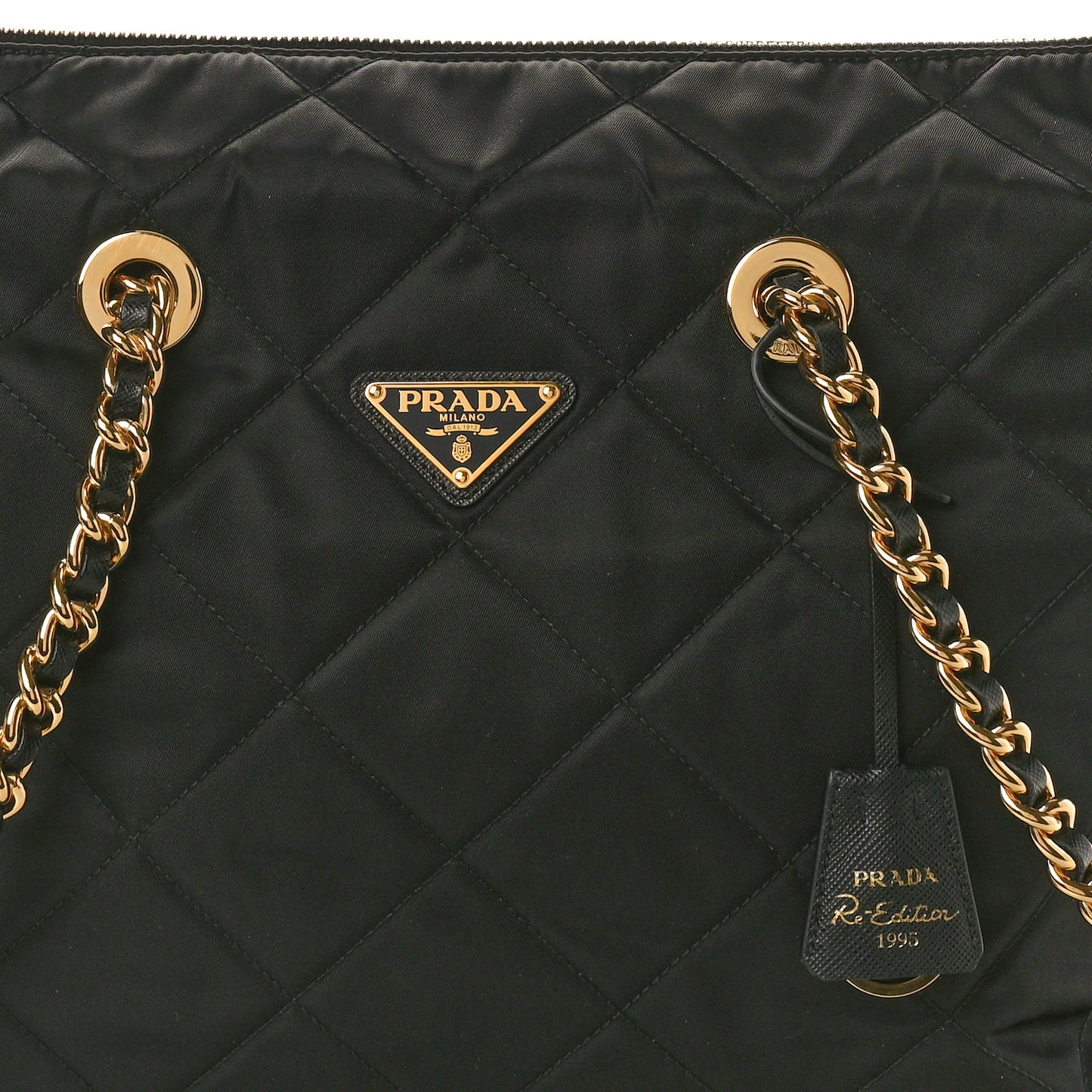 Re-Nylon Impunturato Saffiano Triangle Stitched Re-Edition 1995 Chaine Large Shoulder Bag Black
