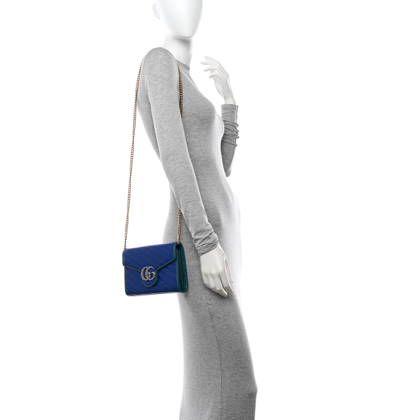 Azalea Calfskin Enamel Matelasse Diagonal Torchon GG Marmont Chain Wallet Imperial Blue Pavone