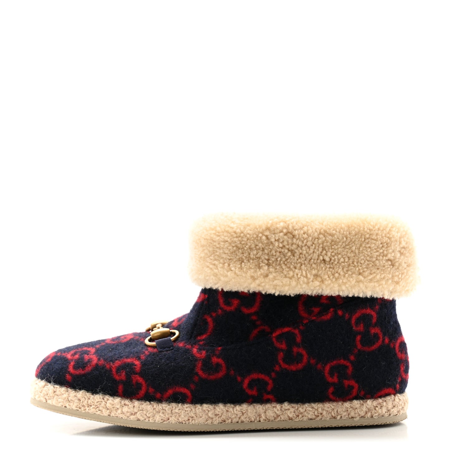 Covered Wool GG Monogram Womens Fria Horsebit Ankle Boots 35.5 Blue Red Butterscotch