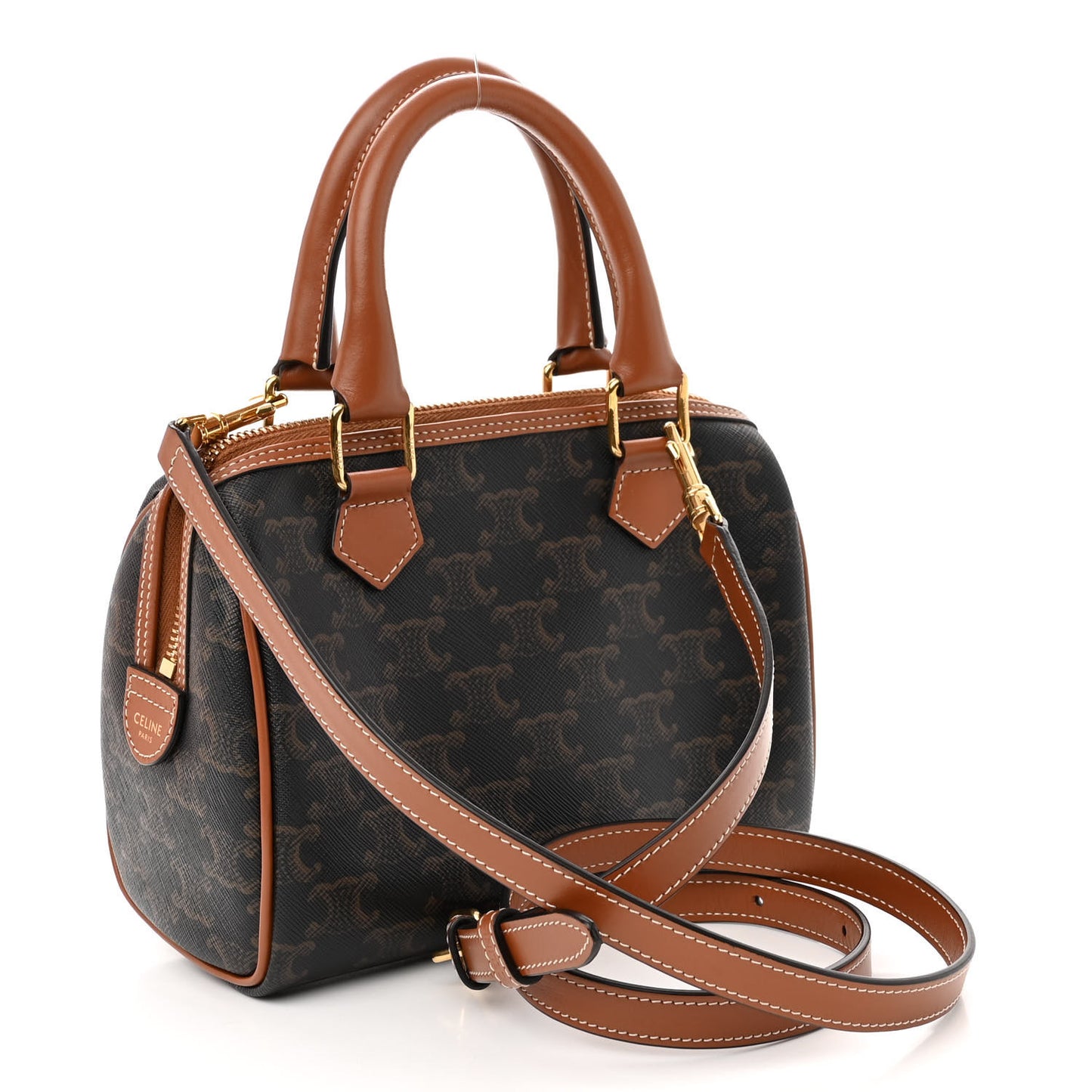 Triomphe Canvas Calfskin Small Boston Bag Tan