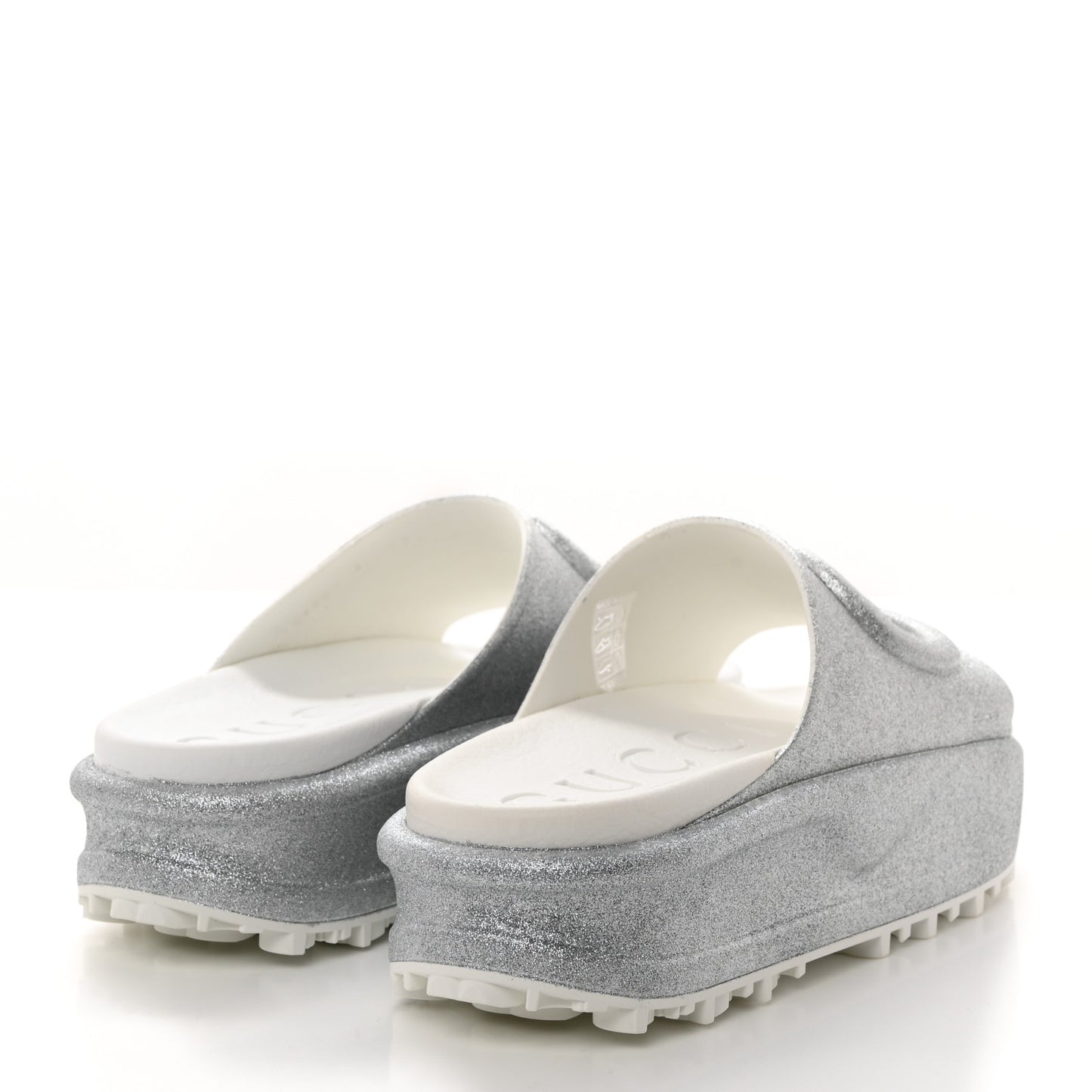 Glitter Rubber Womens Interlocking G Platform 42mm Slide Sandals 37 Silver