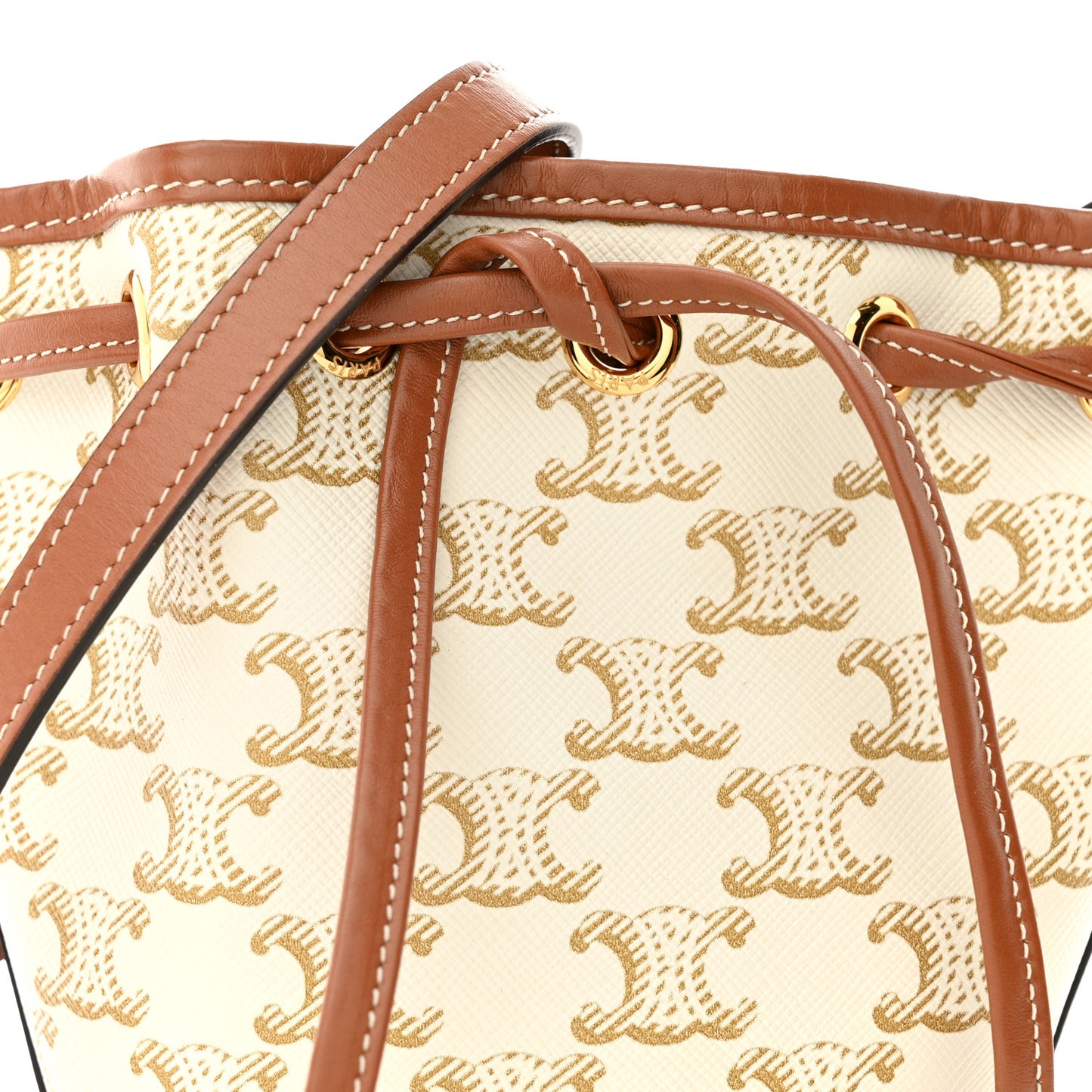 Triomphe Canvas Calfskin Micro Drawstring Bucket Bag White Tan