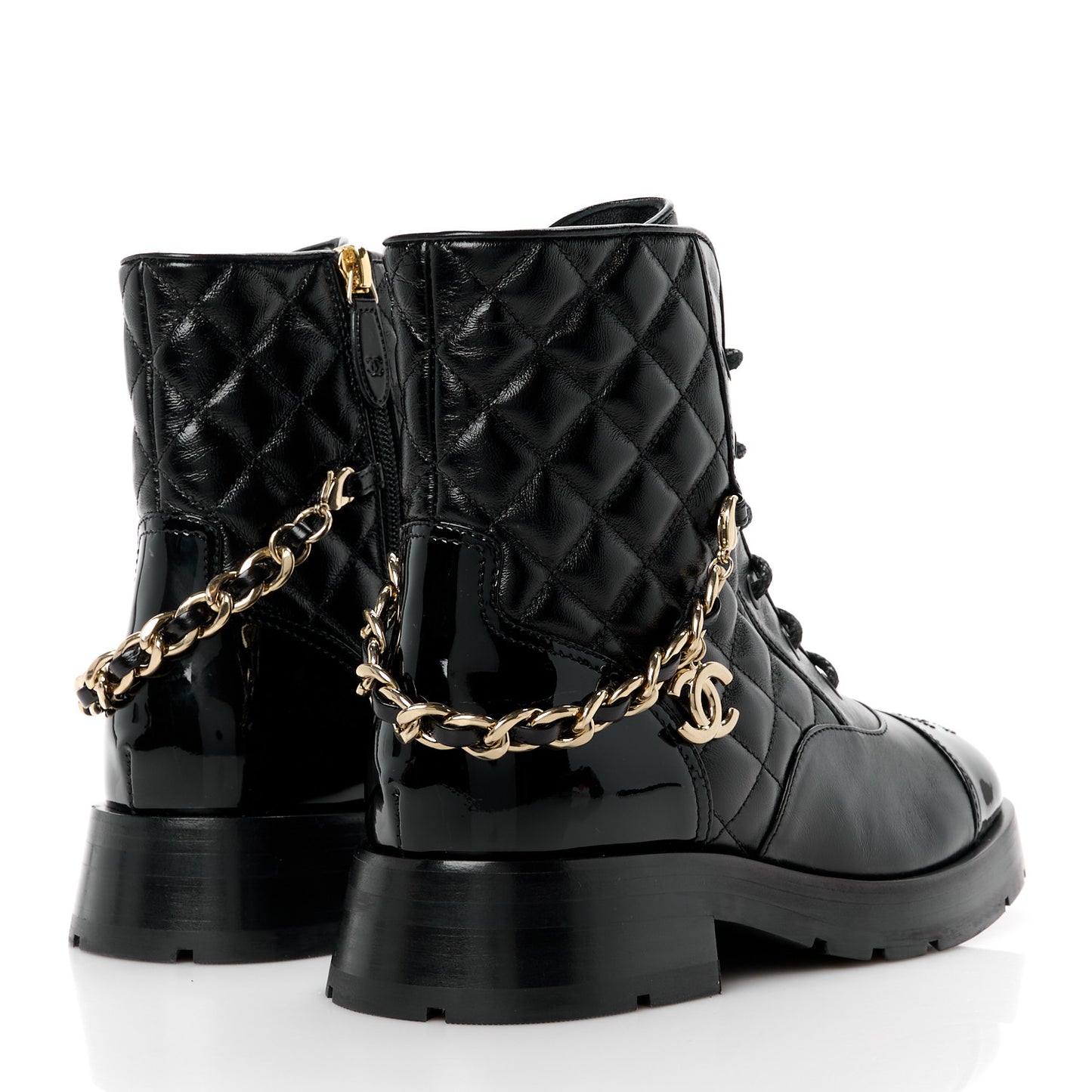 Shiny Calfskin Patent Quilted Chain Lace Up Combat Boots 35.5 Black