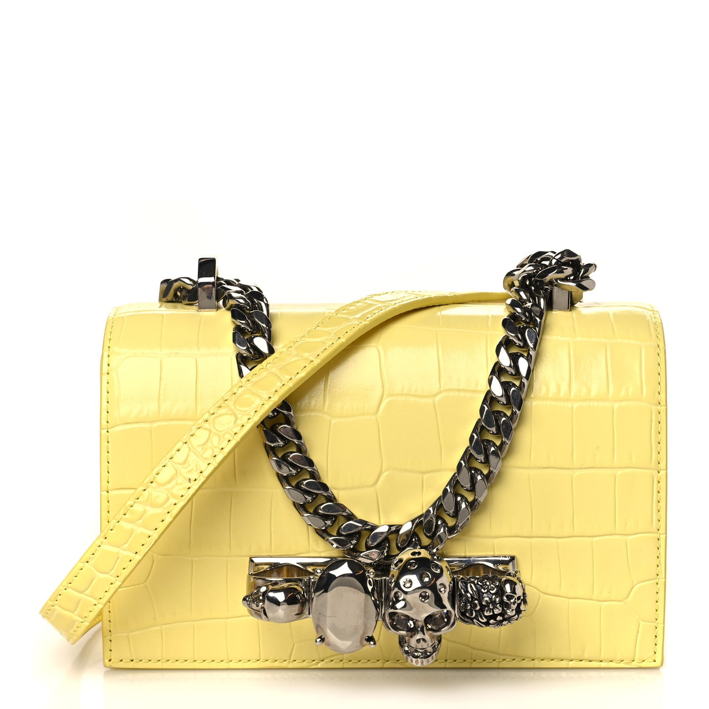 Shiny Crocodile Embossed Jeweled Satchel Pop Yellow