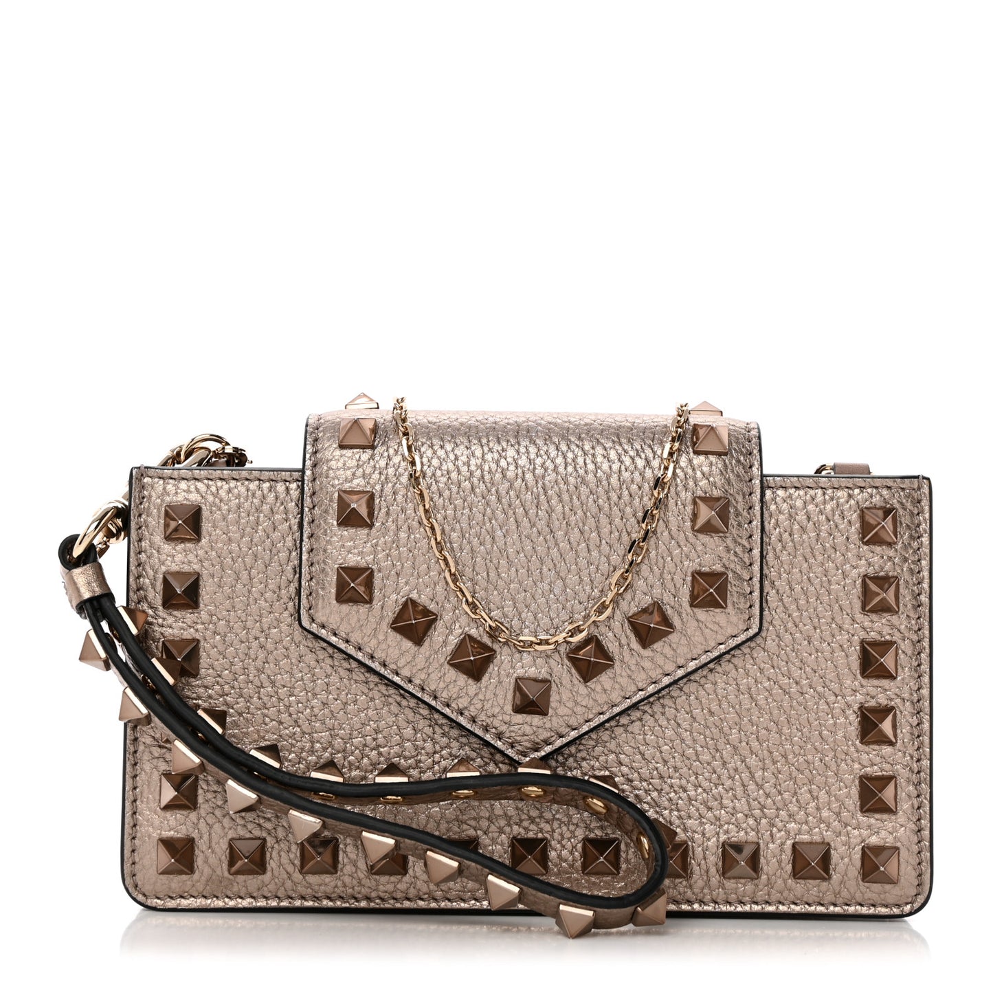 Metallic Pebbled Calfskin Rockstud Phone Case With Chain Sasso