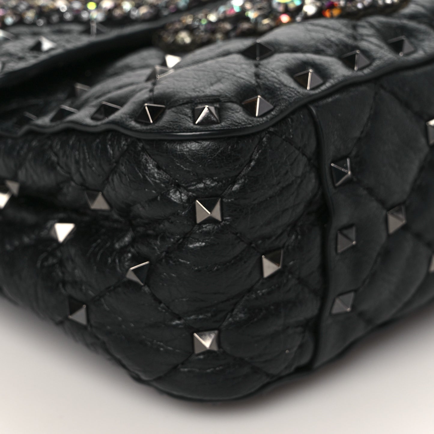 Craquele Nappa Butterfly Crystal Medium Rockstud Spike Shoulder Bag Black