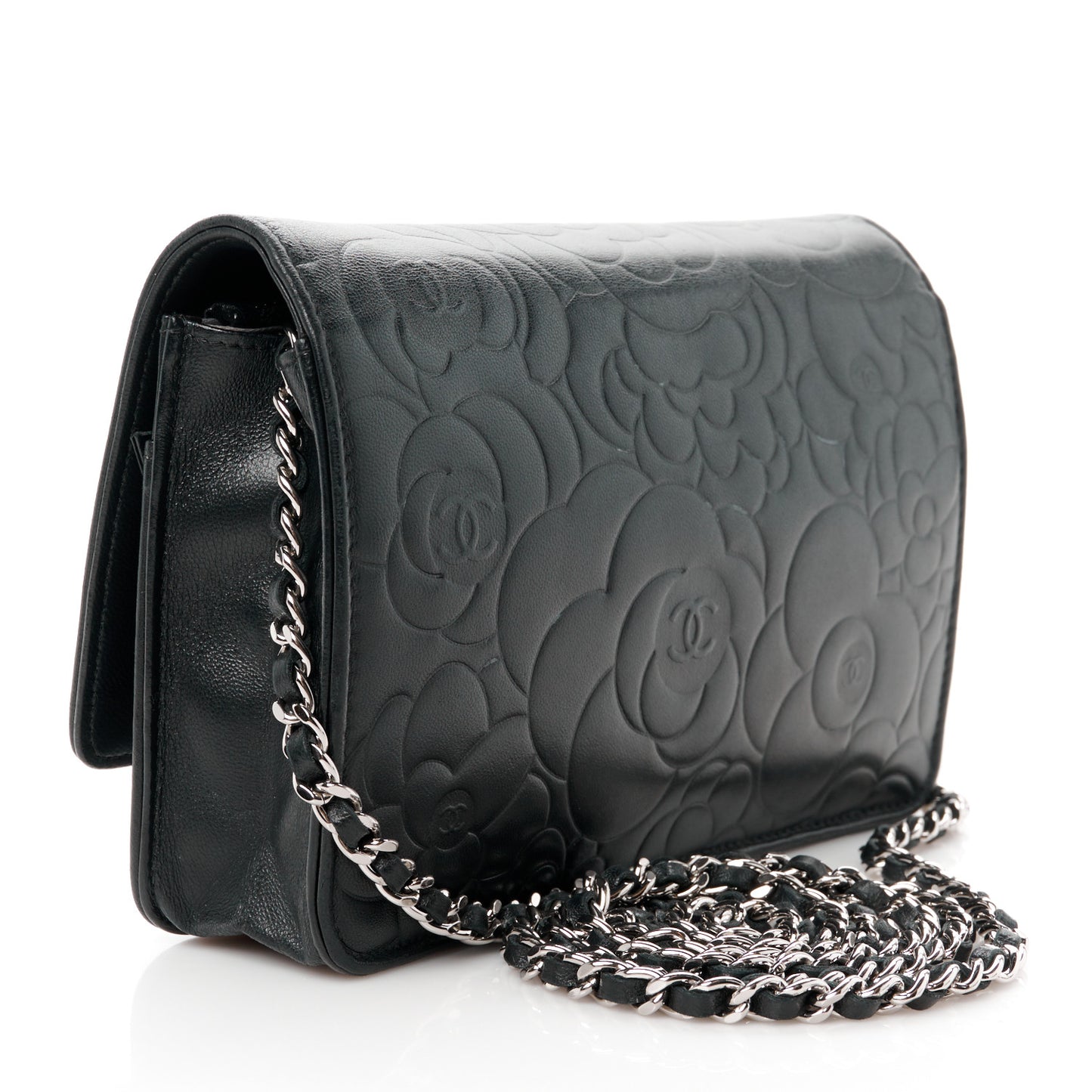 Lambskin Camellia Embossed Wallet on Chain WOC Black