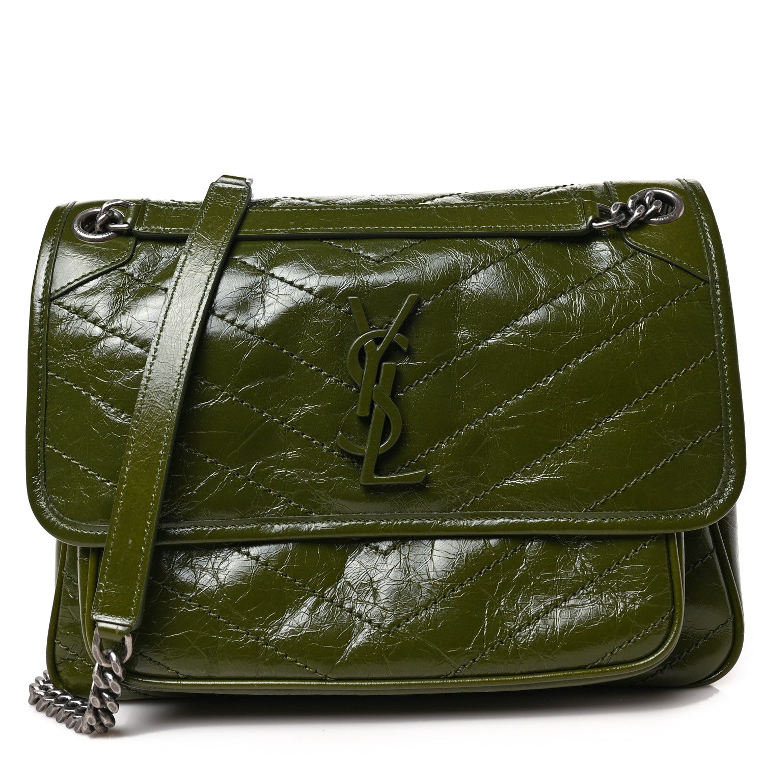 Saint Laurent Crinkled Calfskin Matelasse Monogram Medium Niki Chain Satchel Dark Pine 1 of 8