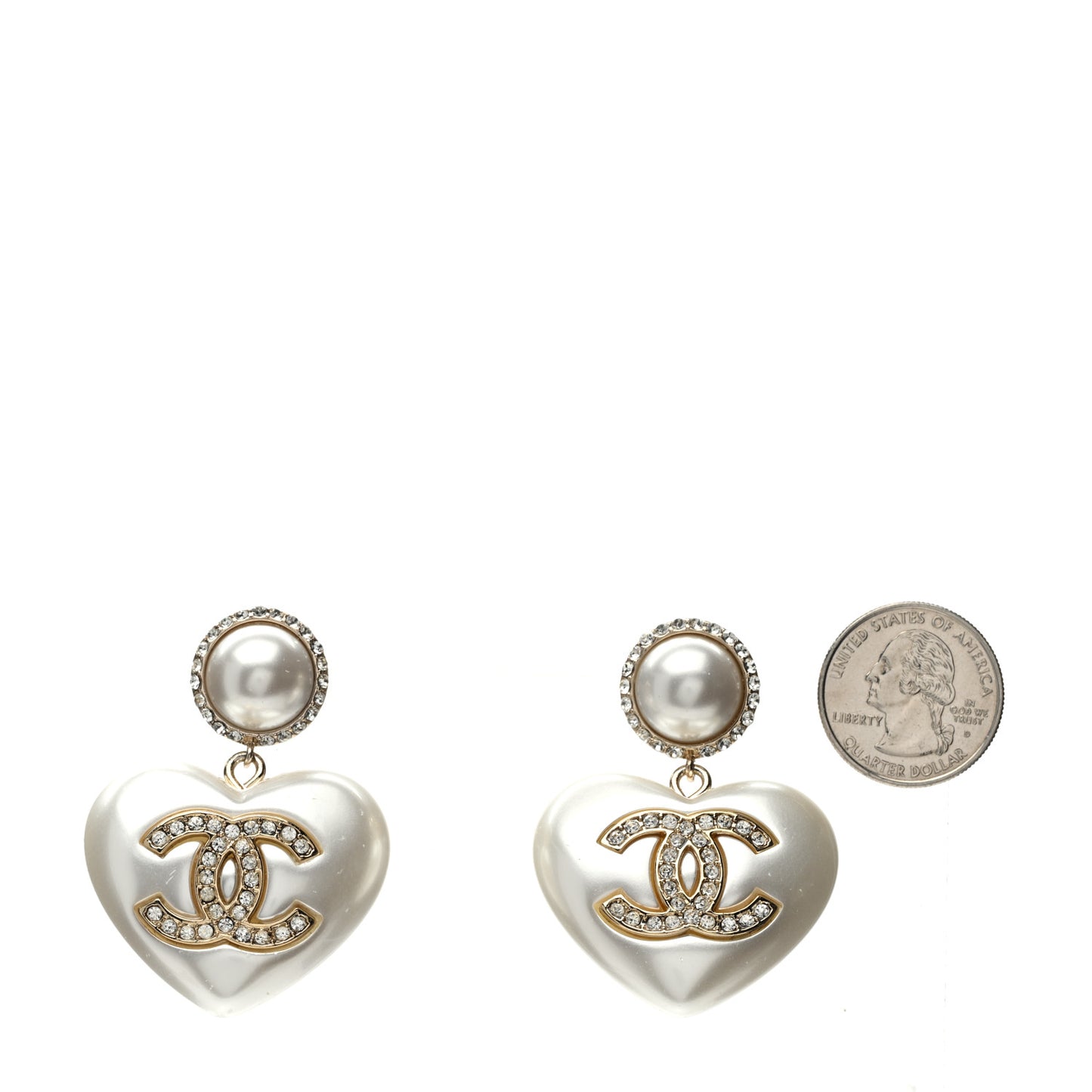Pearl Crystal CC Heart Drop Earrings Gold