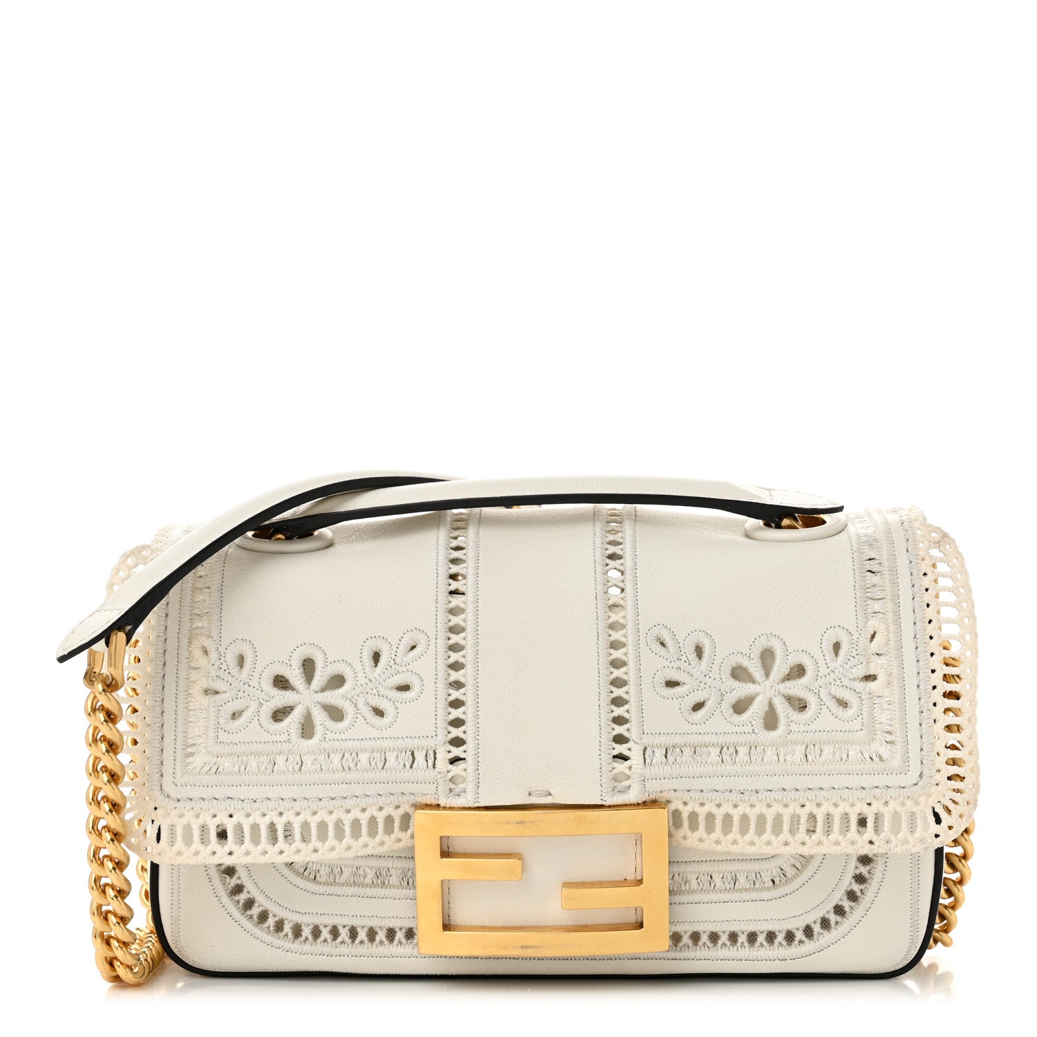 Fendi Nappa Apolo Floral Embroidered Mini Chain Baguette White