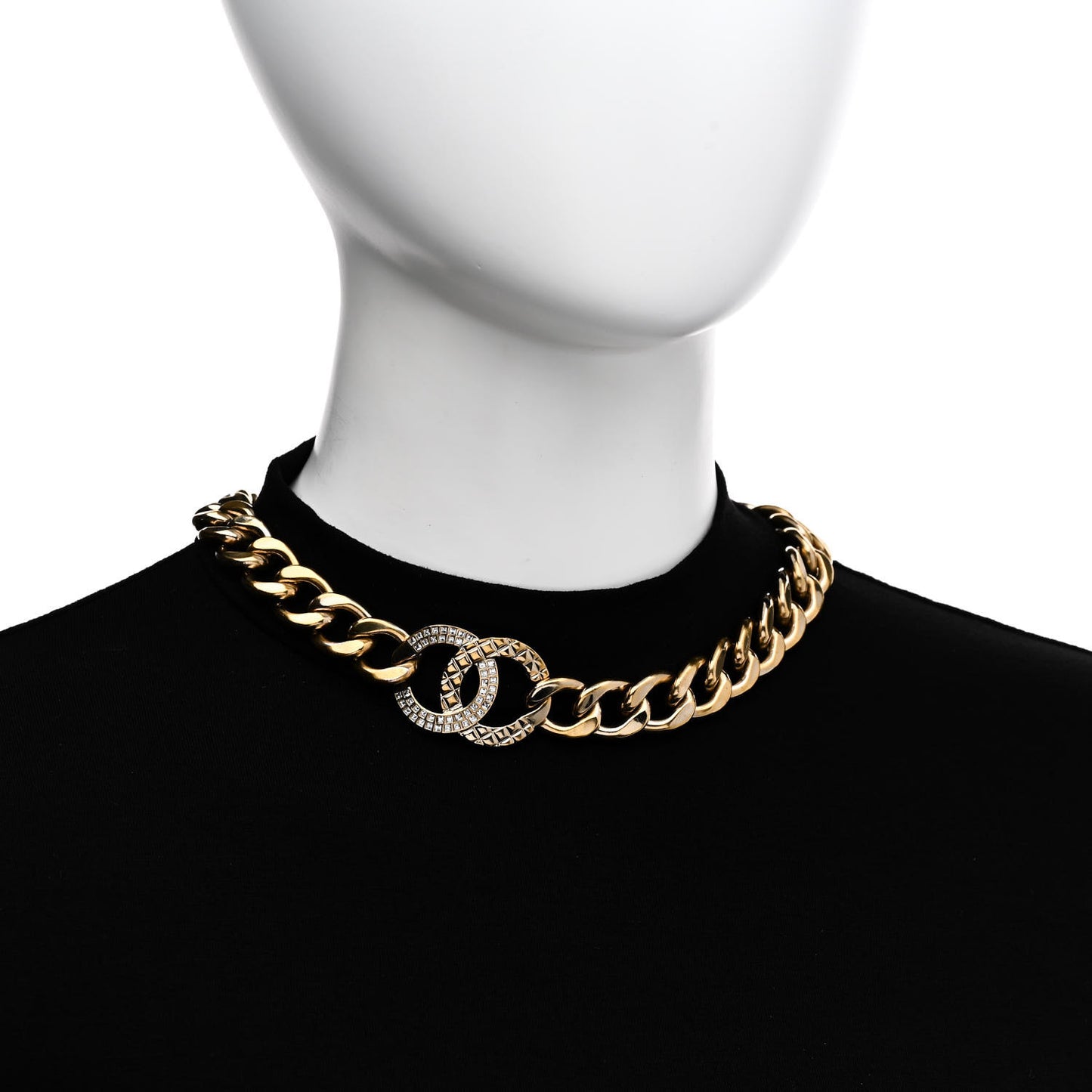 Baguette Crystal Quilted CC Chain Choker Necklace Gold