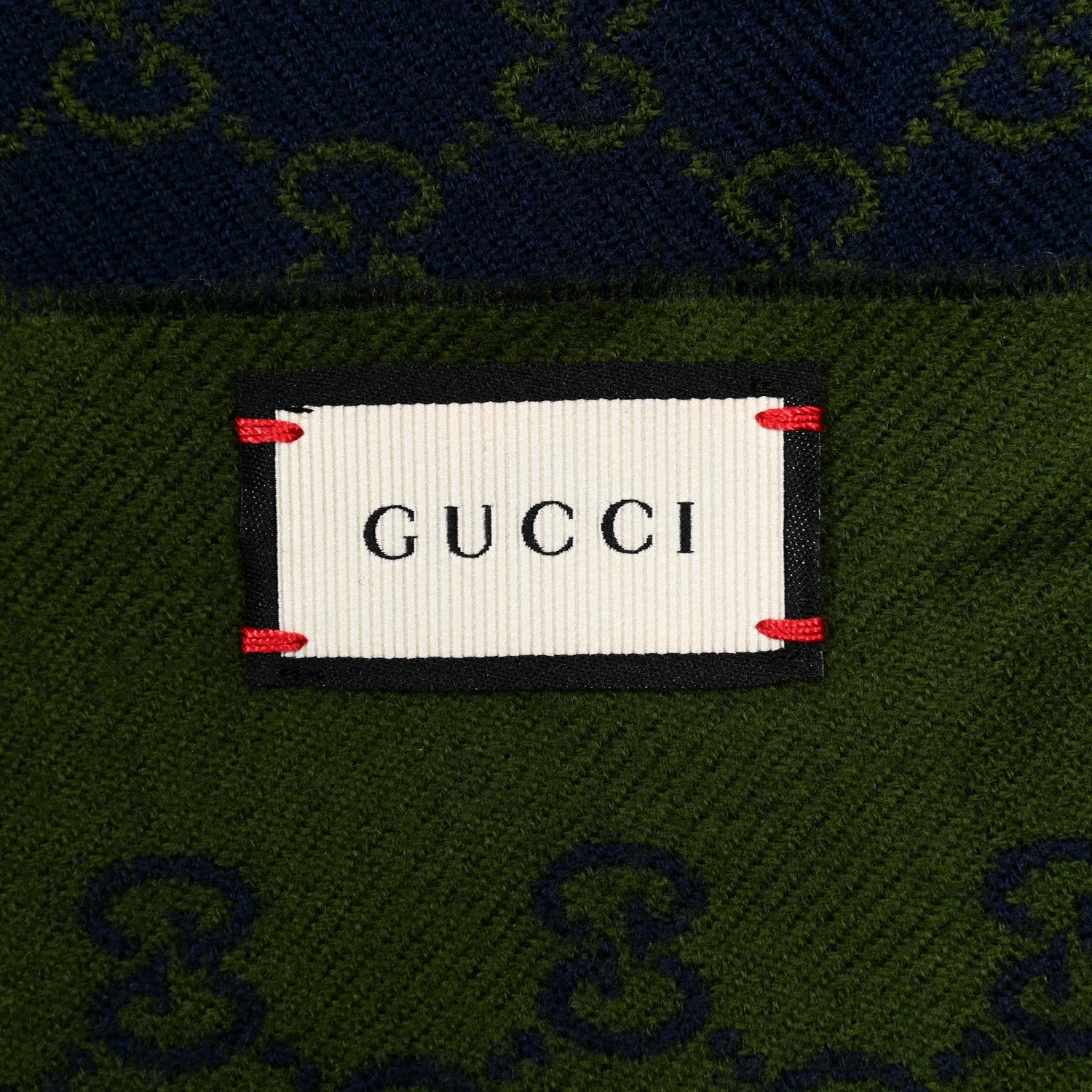 Gucci Wool Jacquard Monogram Fringe Scarf Navy Green 3 of 4