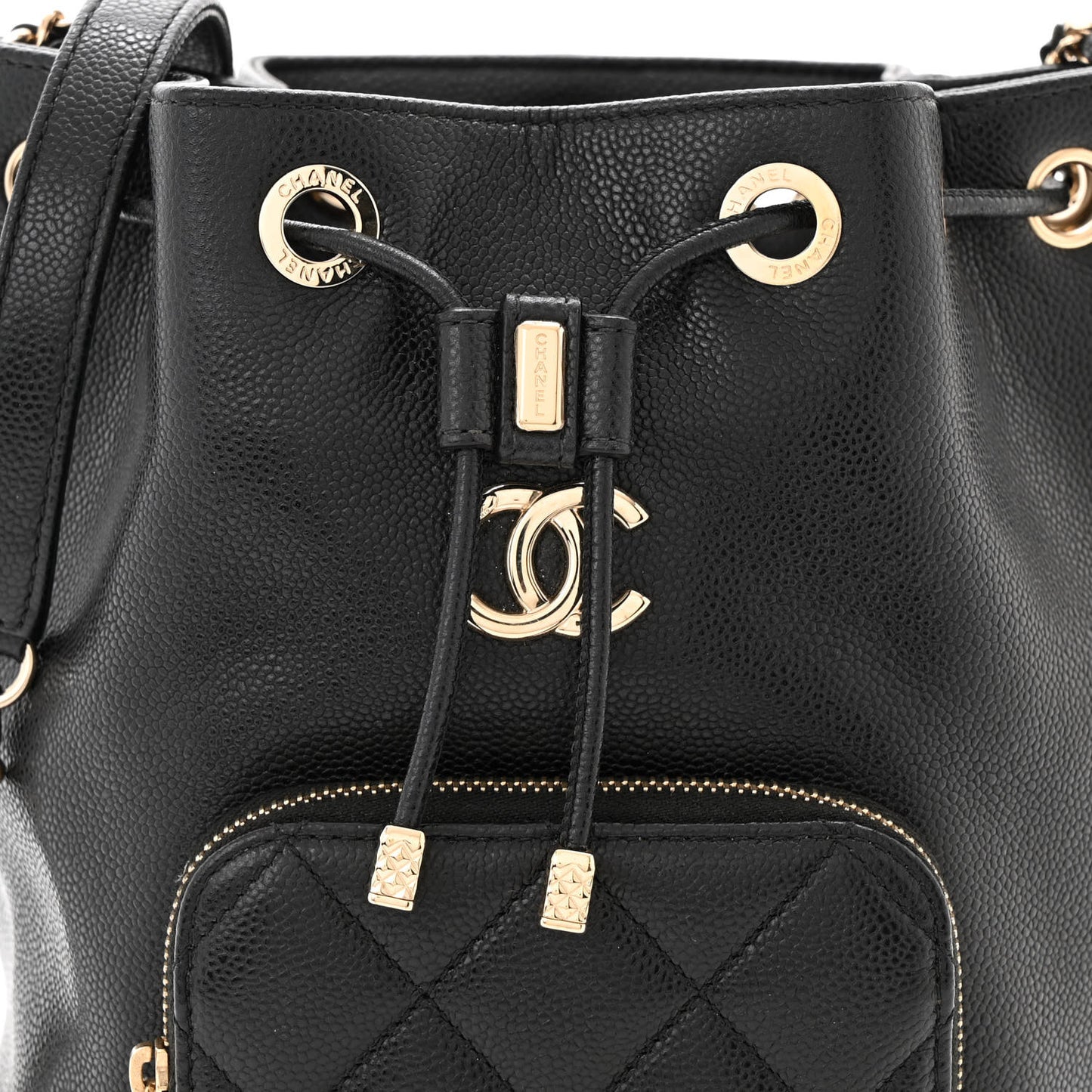 Caviar Quilted CC Pocket Bucket Bag Black