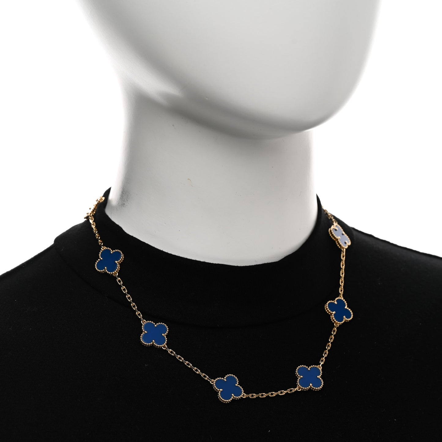 18K Yellow Gold Blue Agate 10 Motifs Vintage Alhambra Necklace