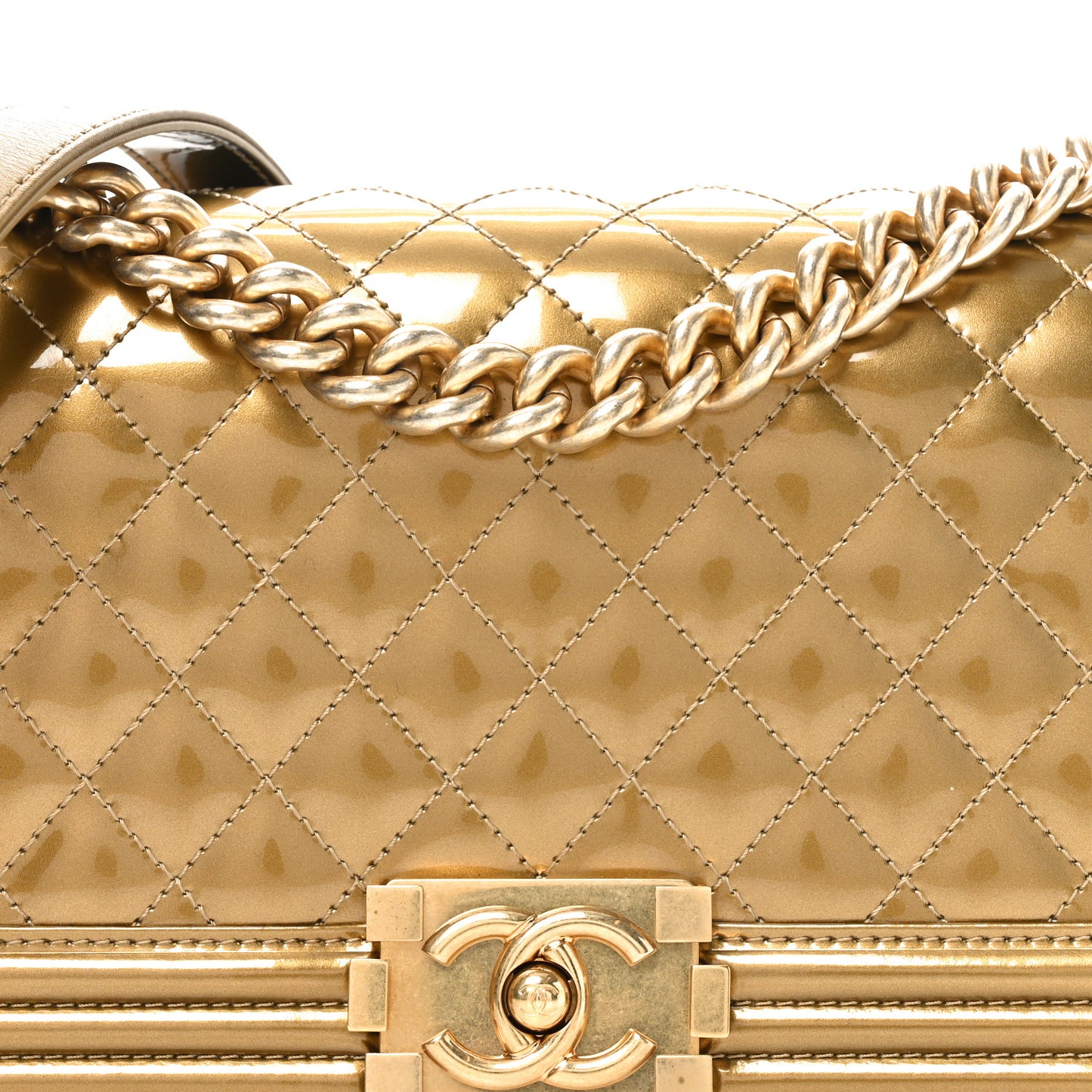 Metallic Patent Calfskin Quilted Medium Boy Flap Gold
