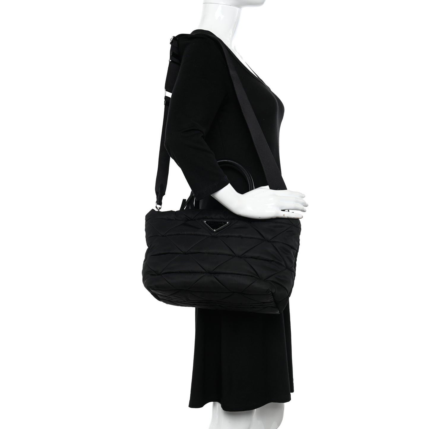 Re-Nylon Nappa Triangle Quilted Padded Small Double Handled Zip Tote Black