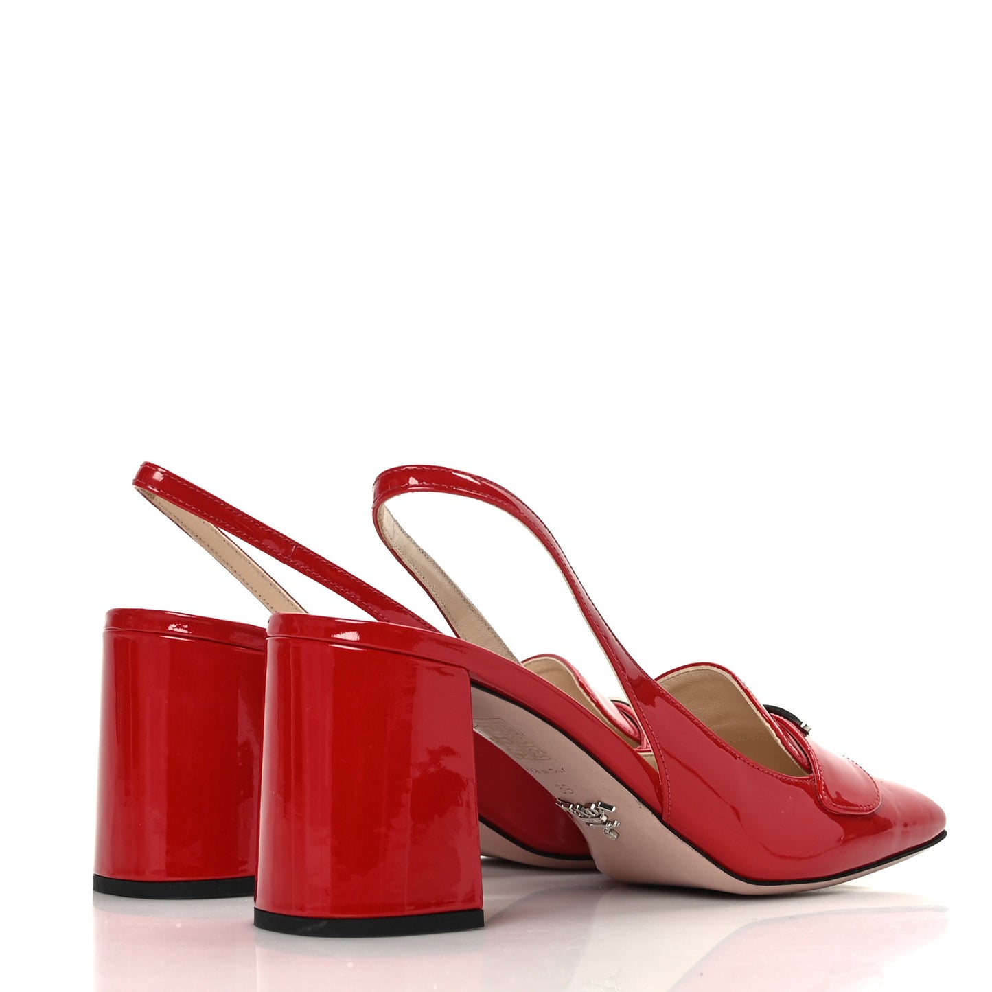 Patent Metal Triangle Logo Block Heel 75mm Slingback Pumps 39 Red