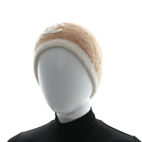 Cashmere Silk CC Beanie Hat Beige White