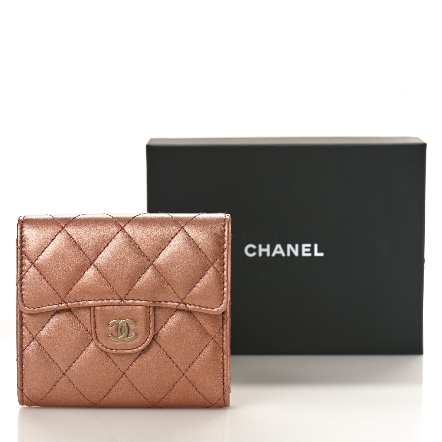 Metallic Lambskin Quilted Compact Flap Wallet Dark Pink