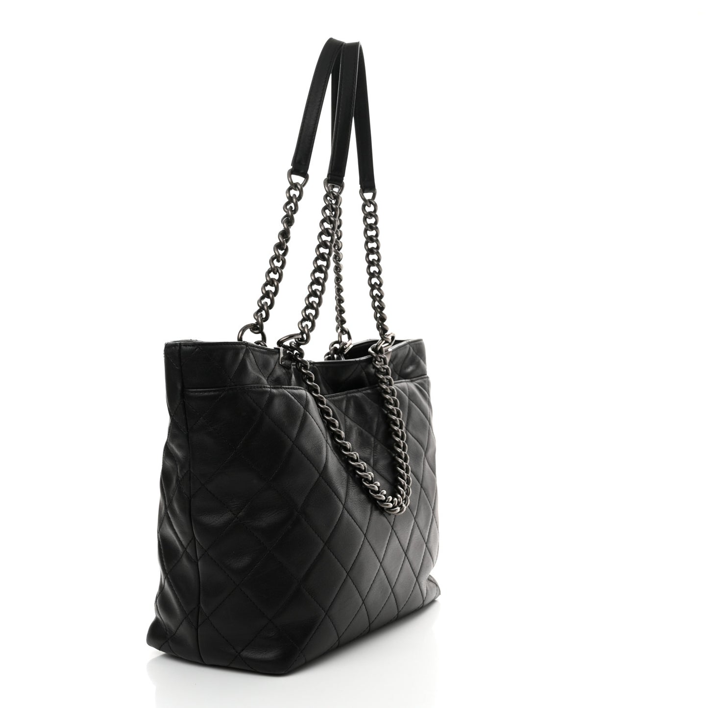 Calfskin Quilted Large Shopping In Chains Tote Black