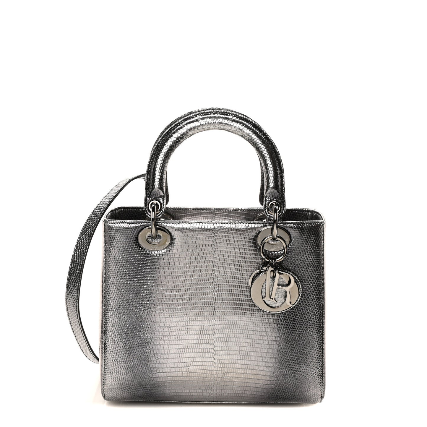 Metallic Lizard Medium Lady Dior Silver