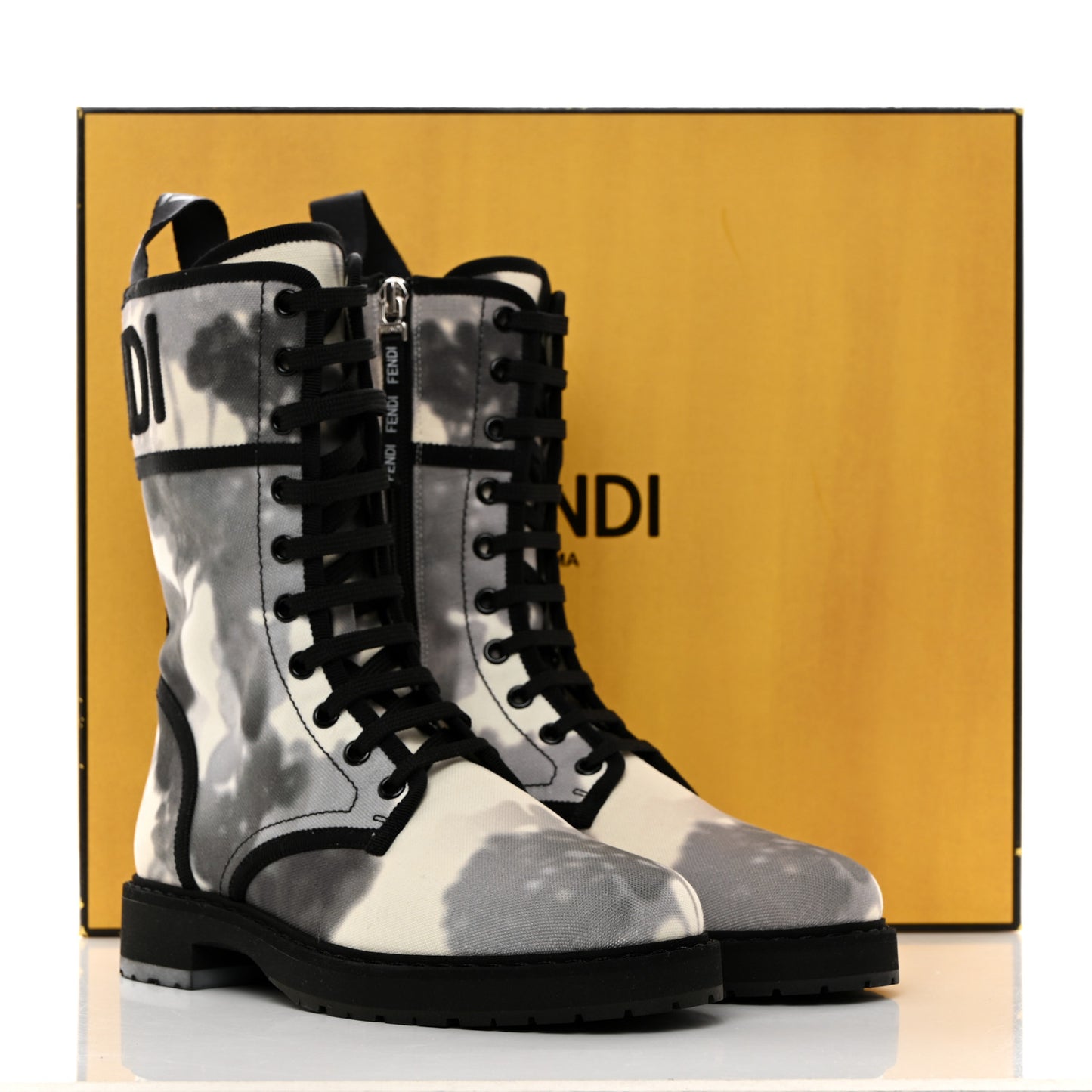 Canvas Floral Print Logo Bi-Color Womens Biker Boots 37 White Black